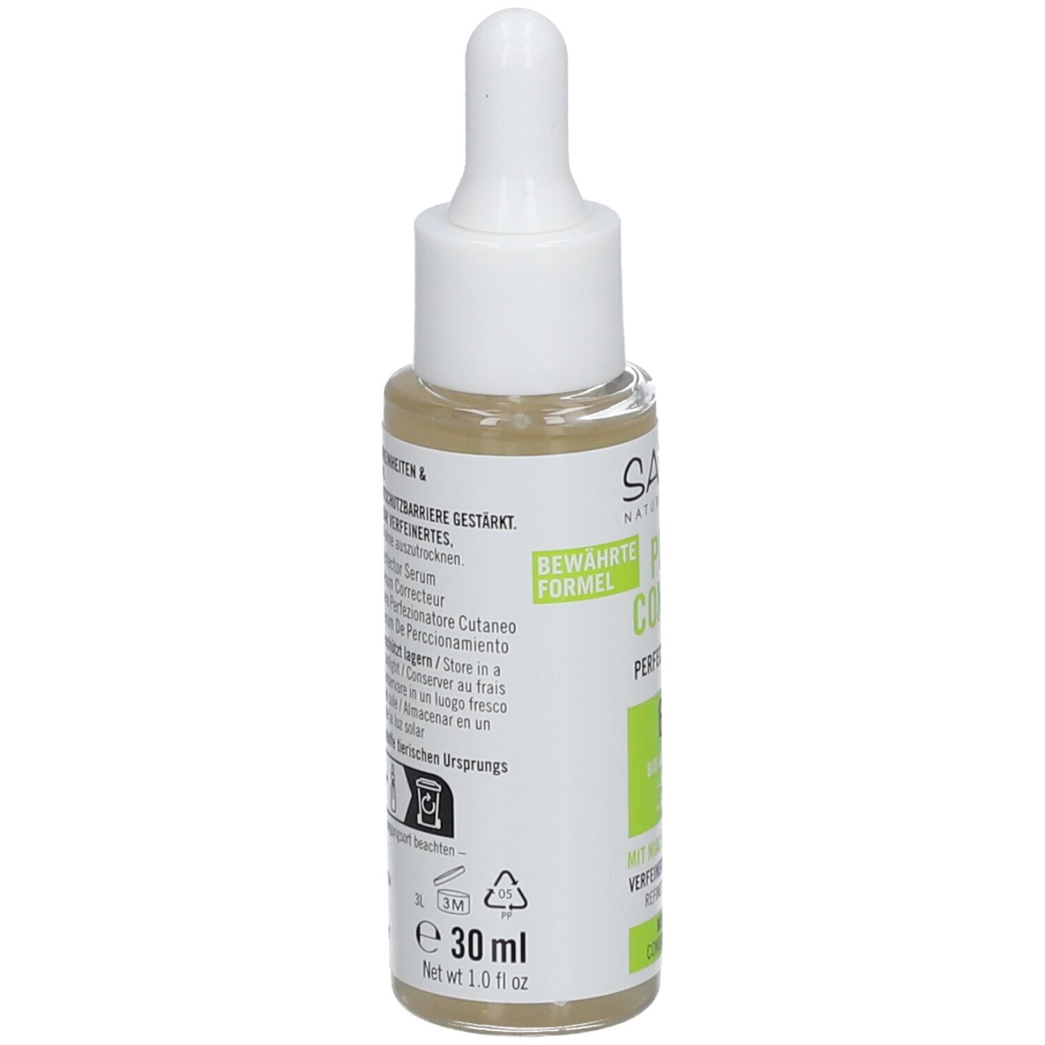 Serumfles met pipet. Opschrift: SANTE, PORE CONTROL. Achterkant met tekst en symbolen. 30 ml.