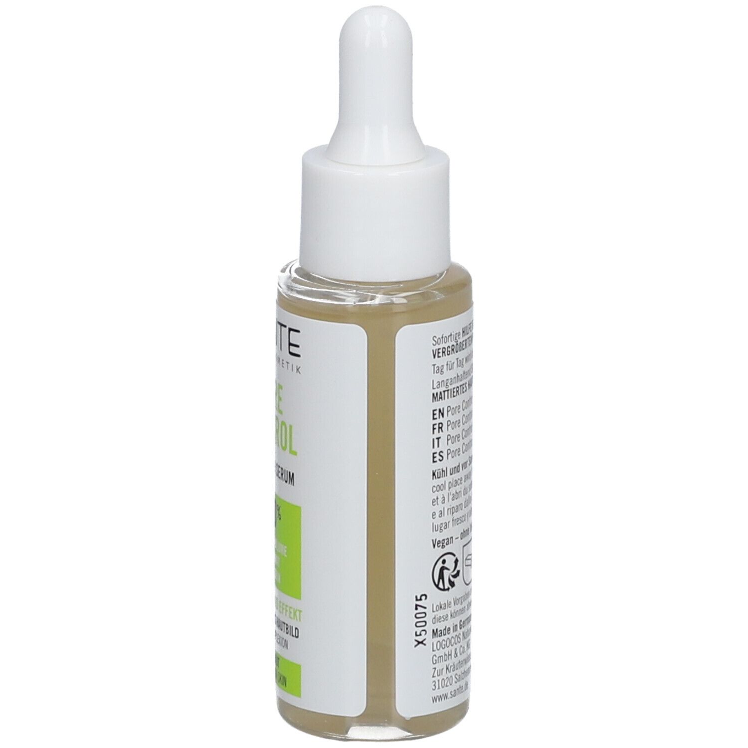 Serumfles met pipet. Opschrift: SANTE, PORE CONTROL. Groene en witte etiketten. Vegan.