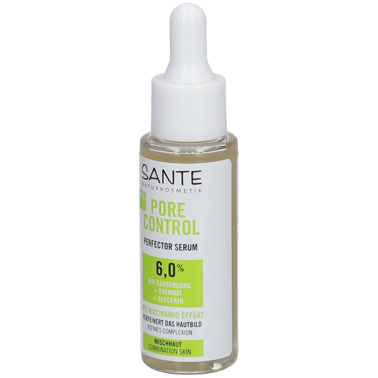 Serumfles met pipet. Opschrift: SANTE, PORE CONTROL, 6,0%, gemengde huid. Groen-wit etiket.
