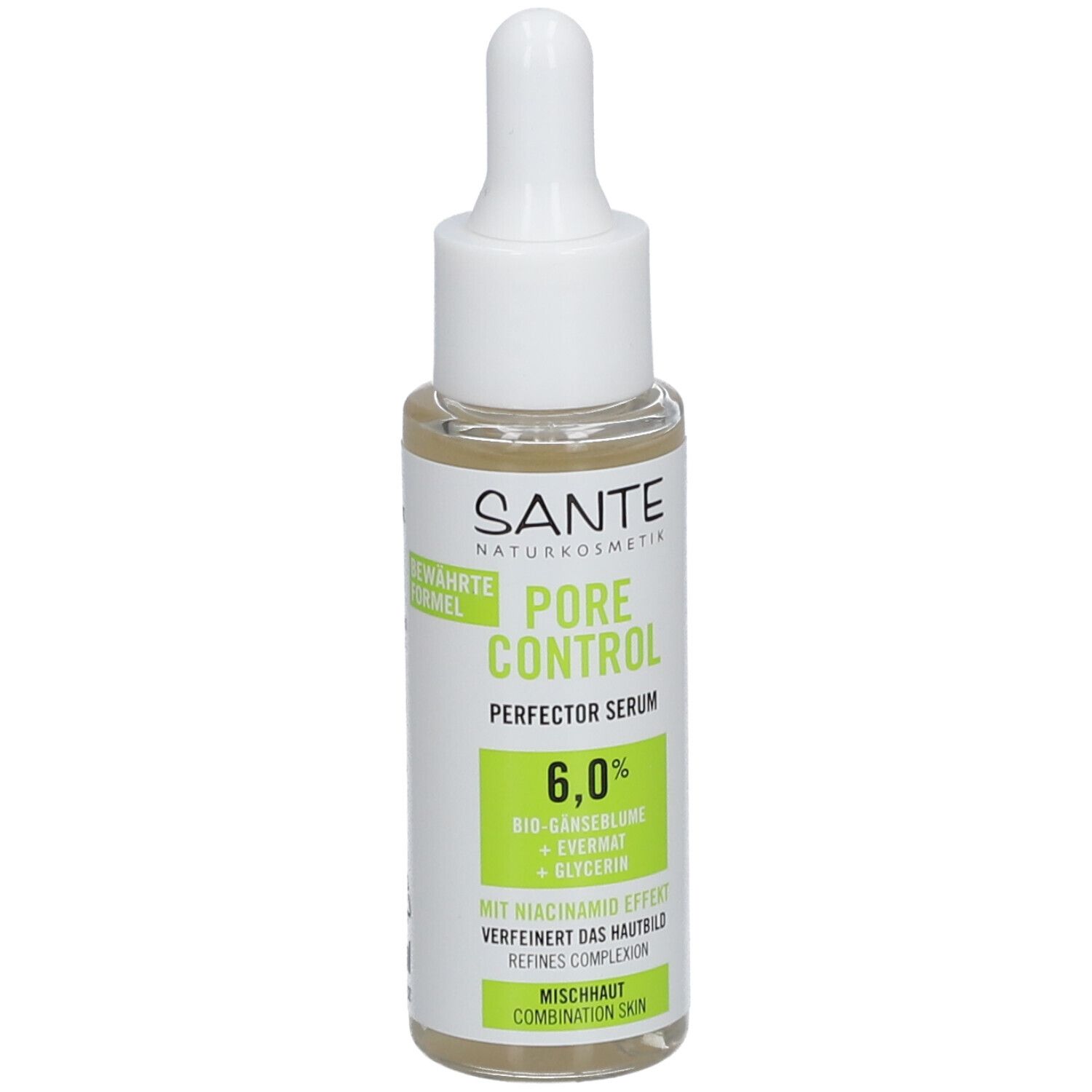 Serumfles met pipet. Opschrift: SANTE, PORE CONTROL, 6,0%, gemengde huid. Groen-wit etiket.