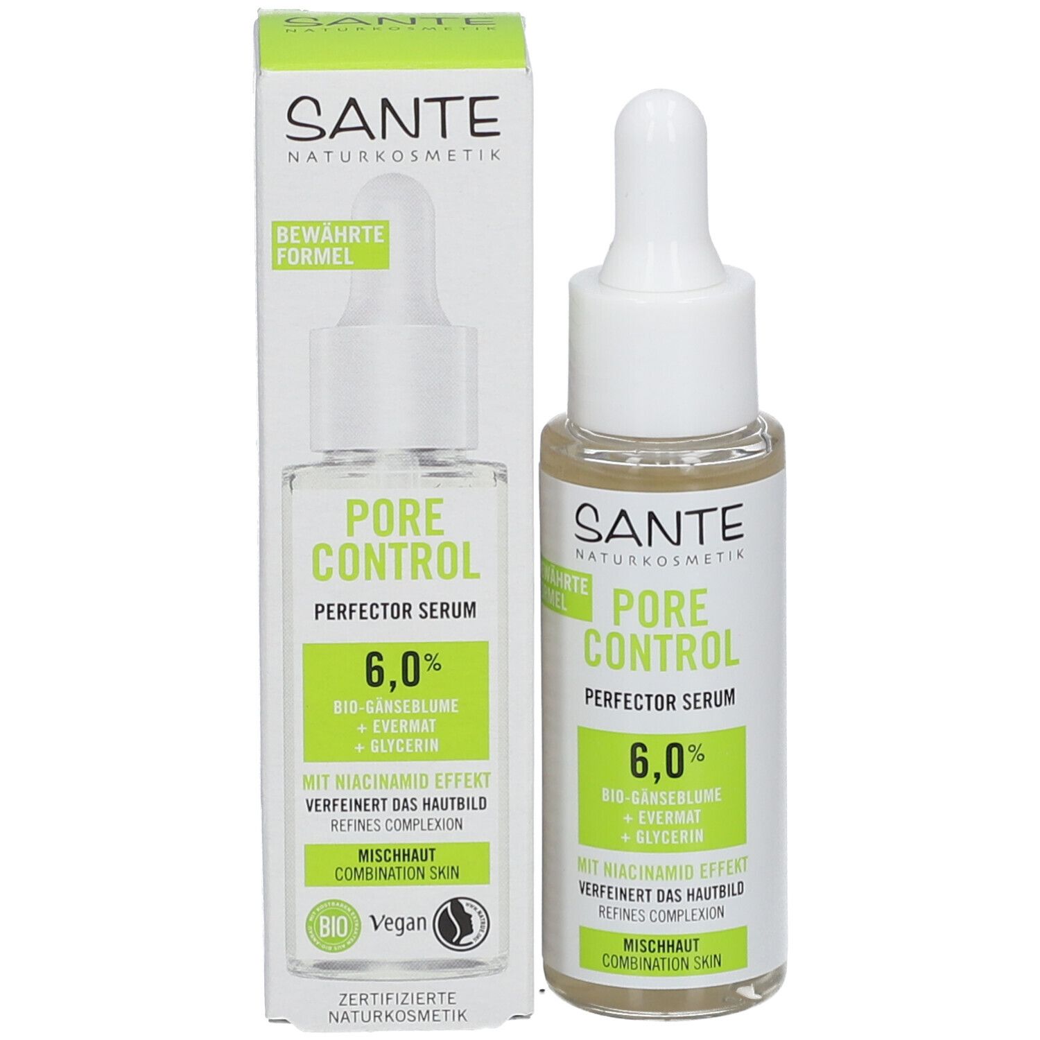 Product met verpakking. Serumfles en doos. Opschrift: SANTE, PORE CONTROL, 6,0%, gemengde huid. Bio-keurmerk.