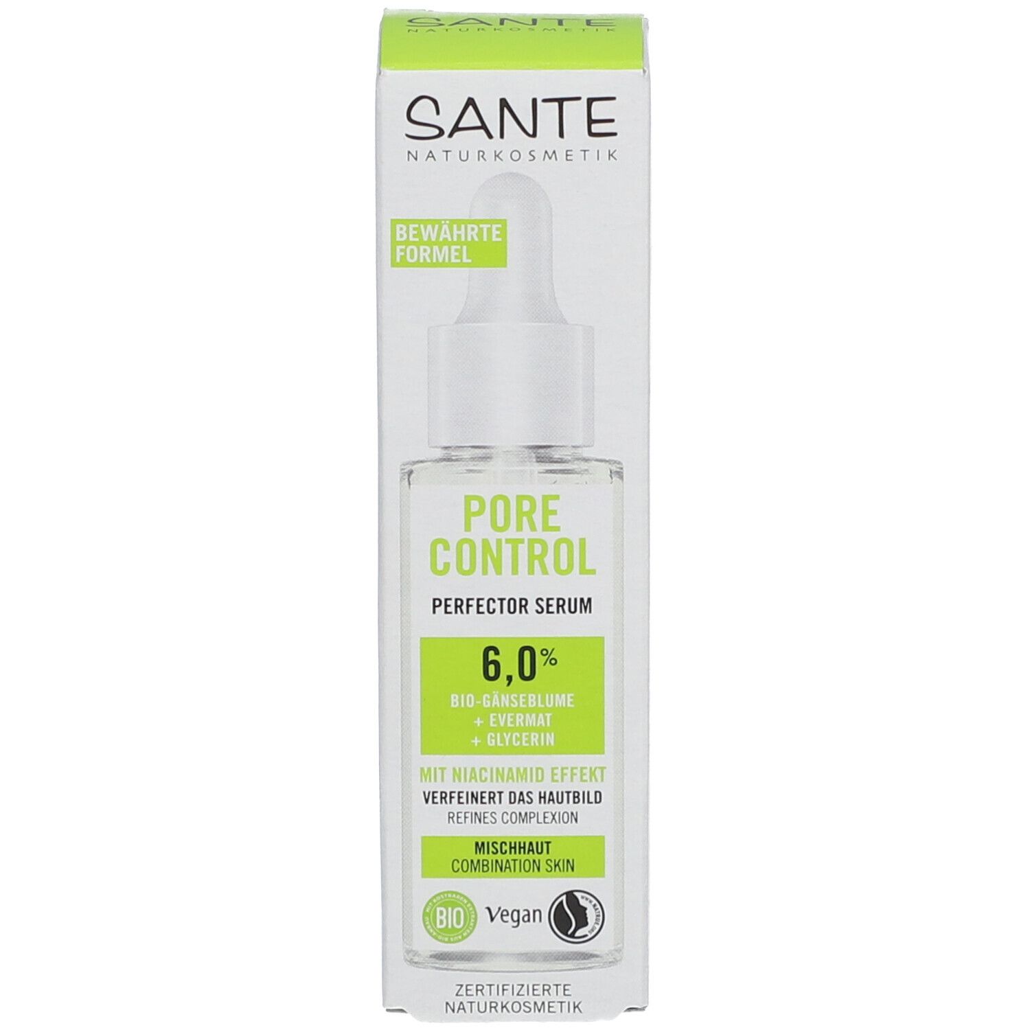 Product met verpakking. Serumfles en doos. Opschrift: SANTE, PORE CONTROL, gemengde huid. Bio-keurmerk.
