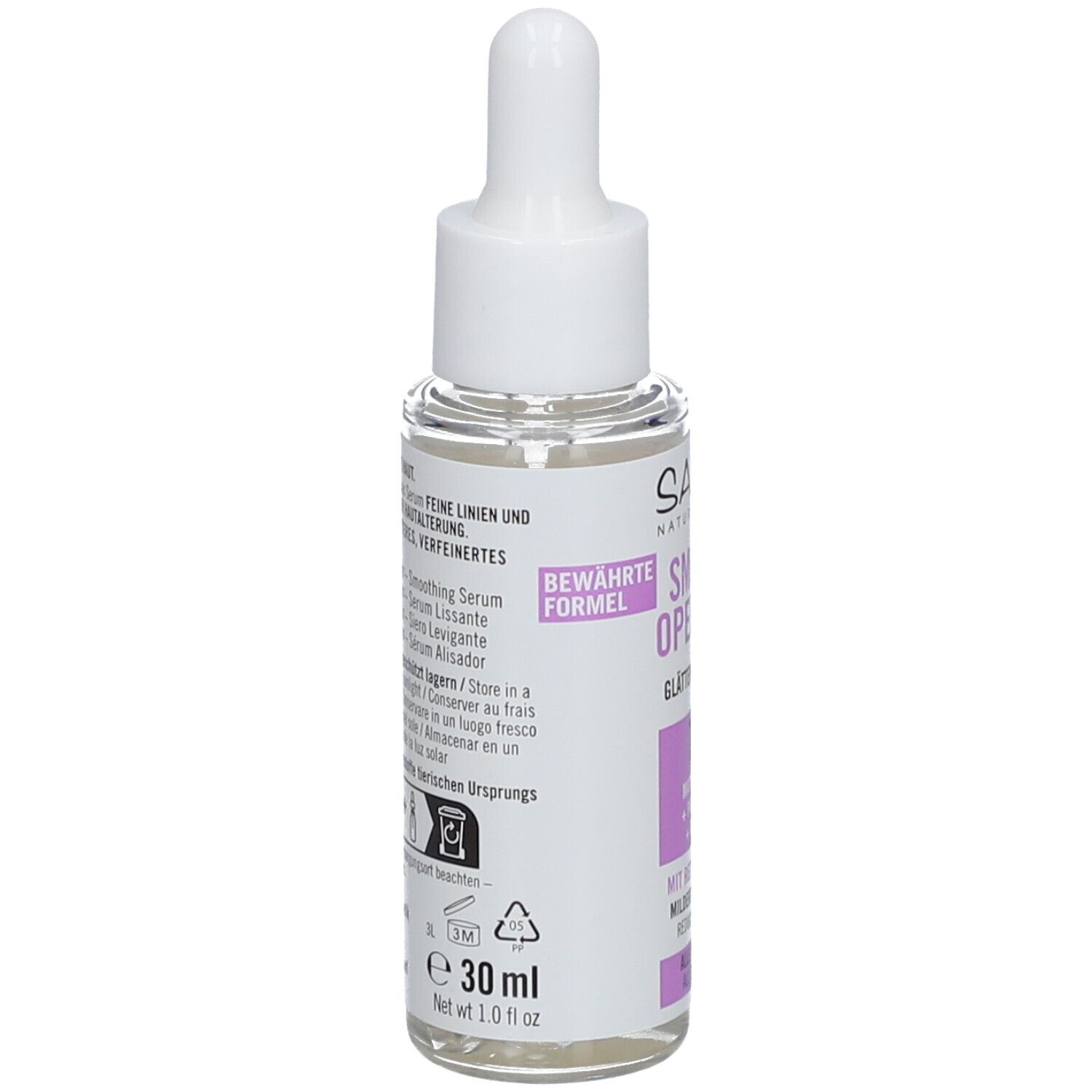 Flacon de sérum avec pipette. Inscription : Smooth Operator, 30 ml. Dos avec texte et symboles.
