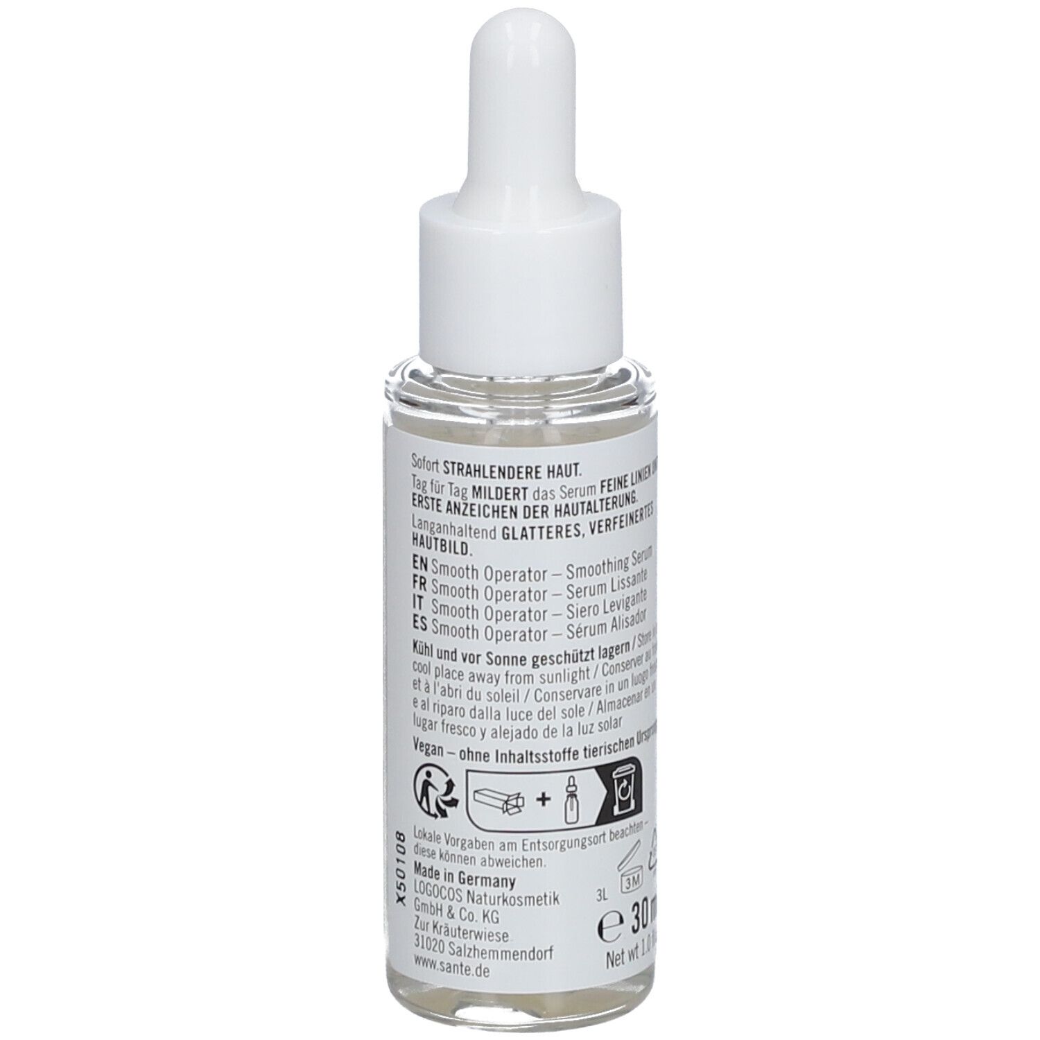 Flacon de sérum avec pipette. Dos avec texte et symboles. Inscription : 30 ml, vegan.