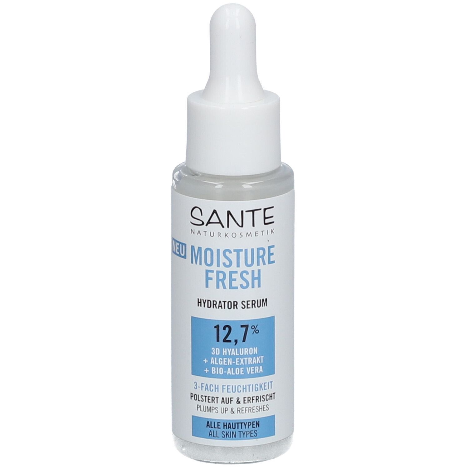 Serumfles met pipet. Opschrift: SANTE Naturkosmetik, Moisture Fresh Hydrator Serum, 12,7%, 3D Hyaluron, Algenextract, Bio-Aloë Vera.