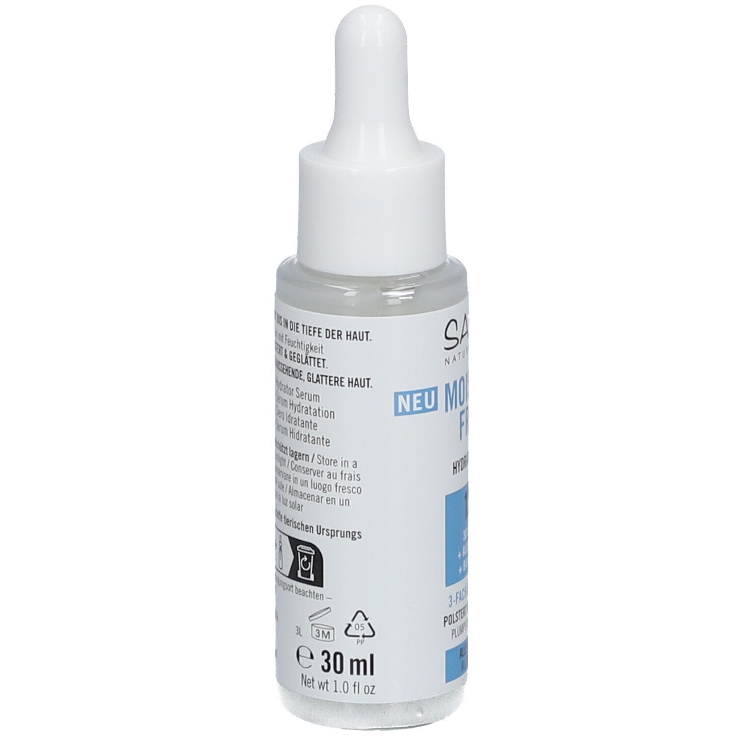 Serumfles met pipet. Opschrift: SANTE Naturkosmetik, Moisture Fresh Hydrator Serum. Achterkant met tekst en symbolen.