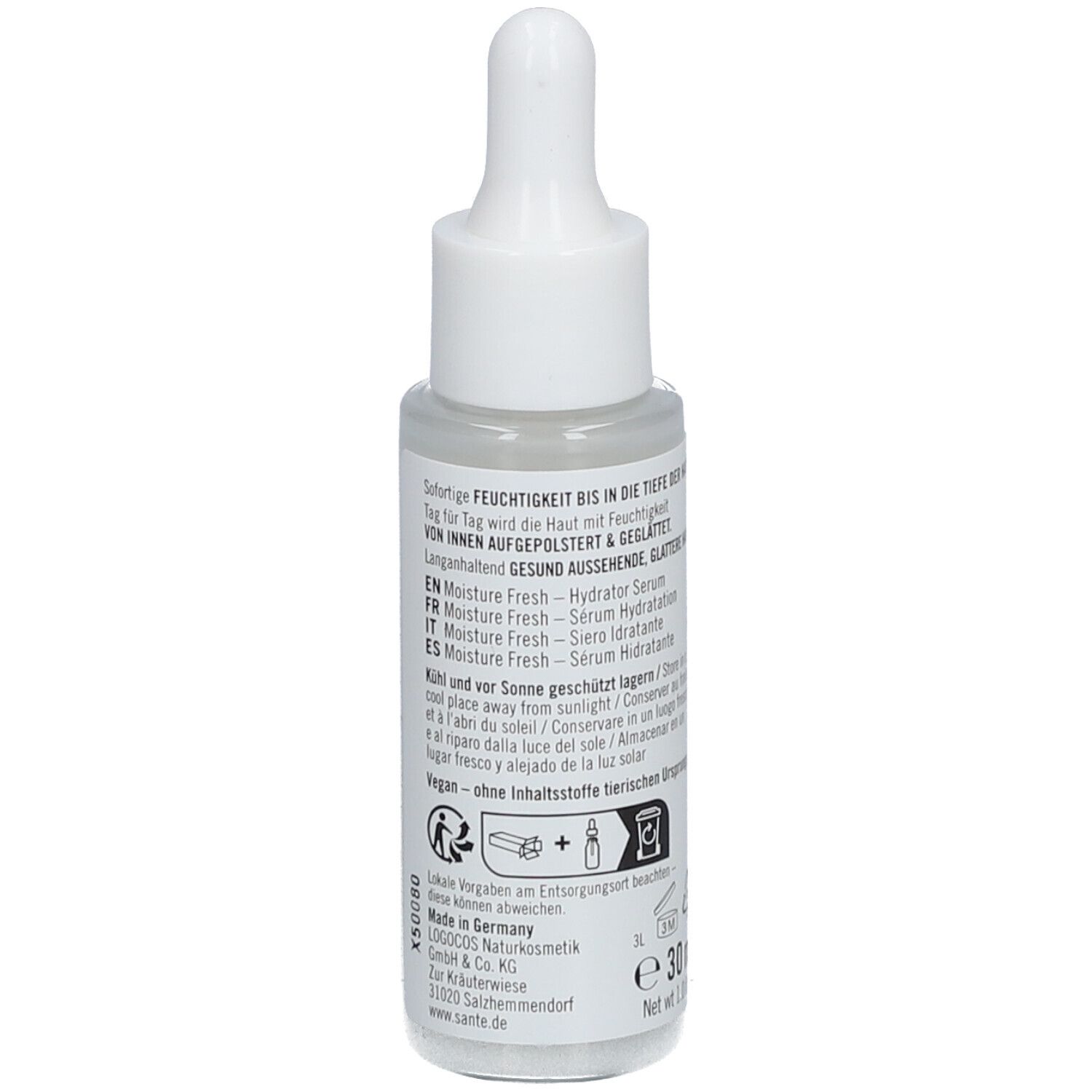 Serumfles met pipet. Opschrift: SANTE Naturkosmetik, Moisture Fresh Hydrator Serum. Achterkant met tekst en symbolen.