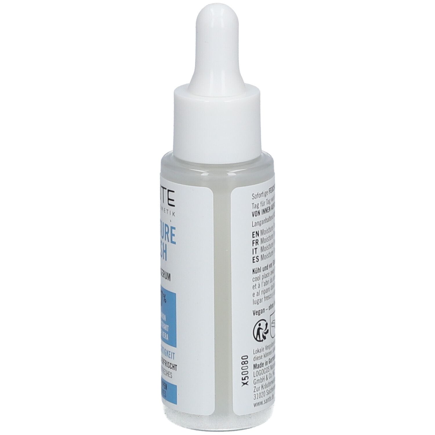 Serumfles met pipet. Opschrift: SANTE Naturkosmetik, Moisture Fresh Hydrator Serum. Achterkant met tekst en symbolen.