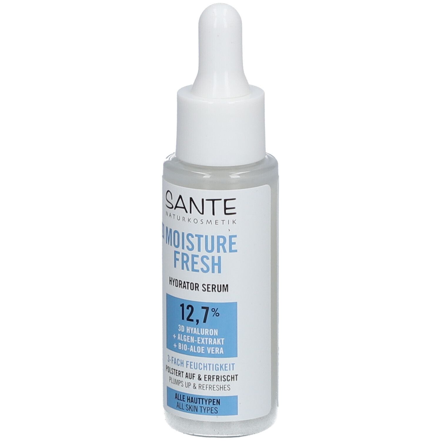 Serumfles met pipet. Opschrift: SANTE Naturkosmetik, Moisture Fresh Hydrator Serum, 12,7%, 3D Hyaluron, Algenextract, Bio-Aloë Vera.