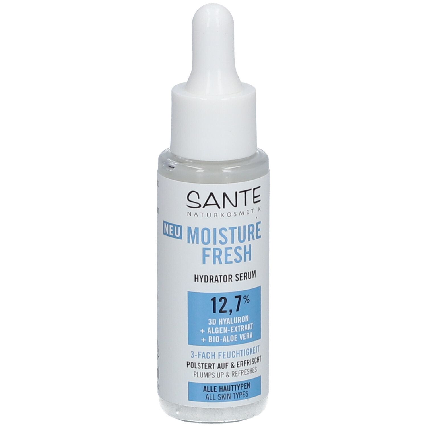 Serumfles met pipet. Opschrift: SANTE Naturkosmetik, Moisture Fresh Hydrator Serum, 12,7%, 3D Hyaluron, Algenextract, Bio-Aloë Vera.