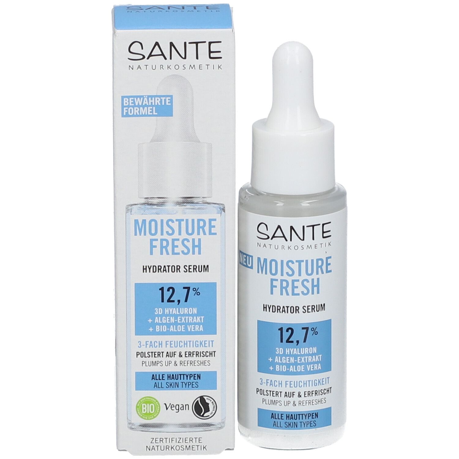 Productverpakking en serumfles. Opschrift: SANTE Naturkosmetik, Moisture Fresh Hydrator Serum, 12,7%, 3D Hyaluron, Algenextract, Bio-Aloë Vera.