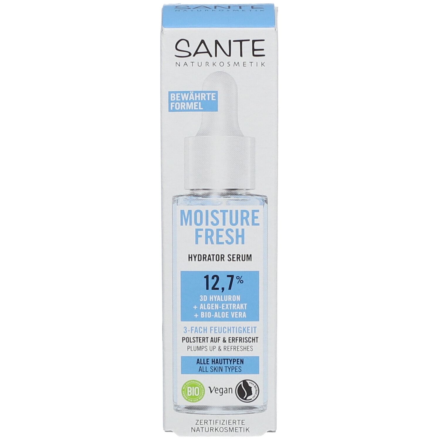 Productverpakking en serumfles. Opschrift: SANTE Naturkosmetik, Moisture Fresh Hydrator Serum, 12,7%, 3D Hyaluron, Algenextract, Bio-Aloë Vera.