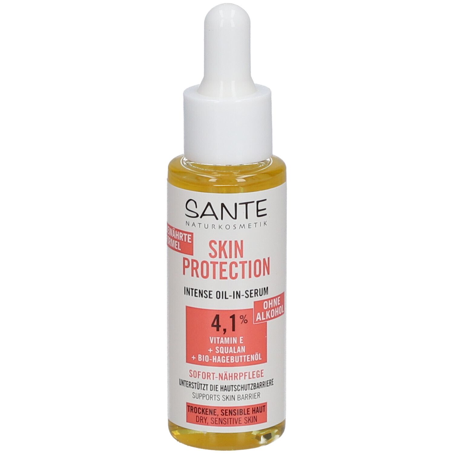 Flacon de sérum avec pipette. Inscription : SKIN PROTECTION, 4,1%, sans alcool. Pour peaux sèches et sensibles.
