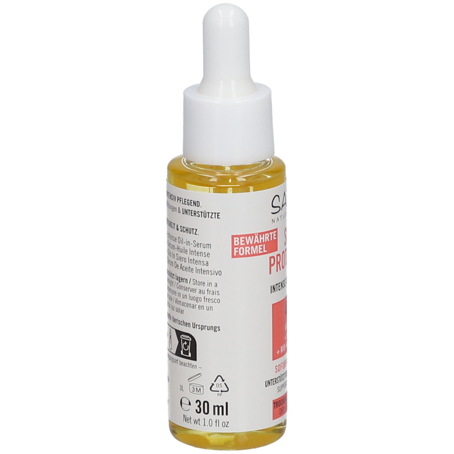 Flacon de sérum avec pipette. Inscription : SKIN PROTECTION, 4,1%, sans alcool. Dos avec texte et symboles.