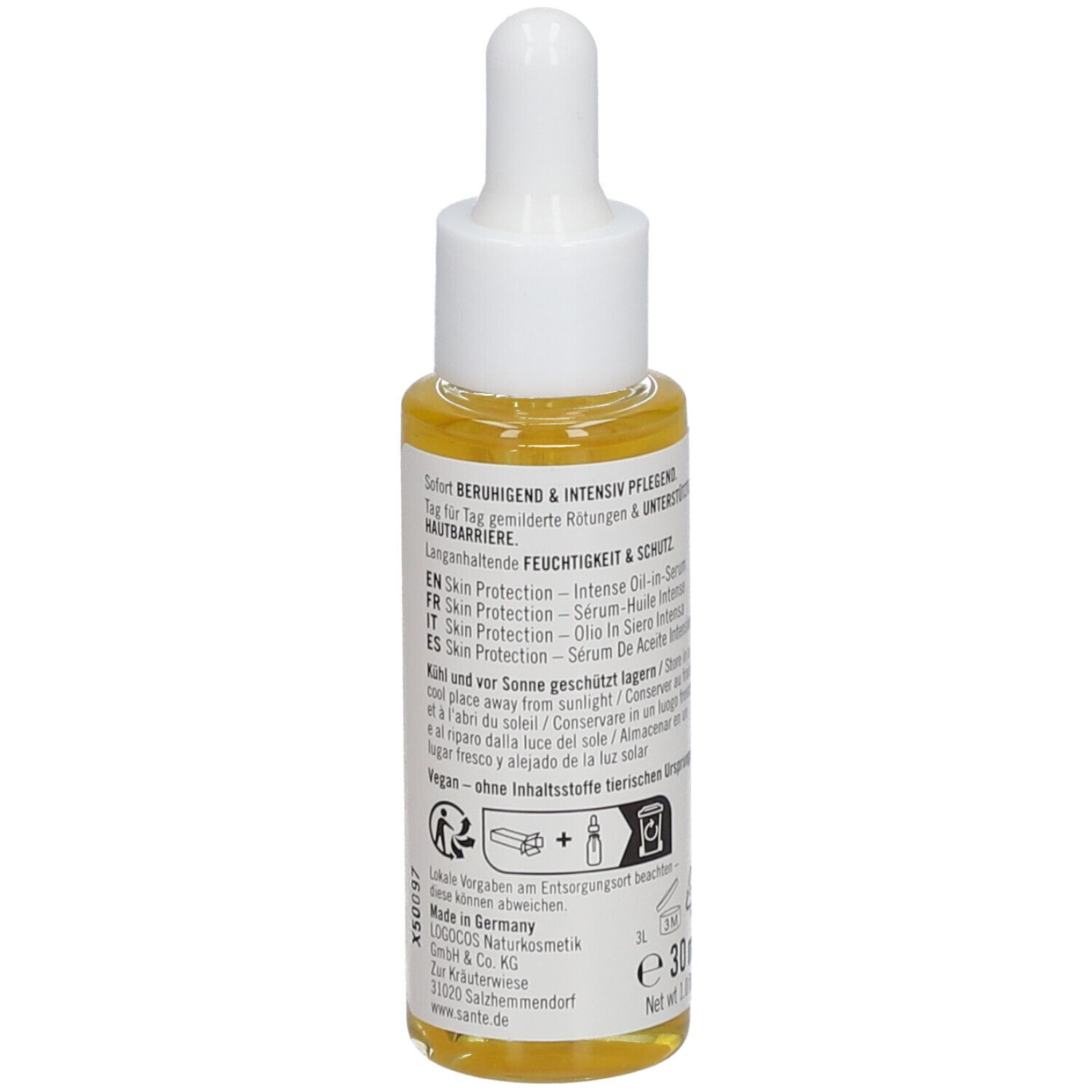 Flacon de sérum avec pipette. Inscription : SKIN PROTECTION, 4,1%, sans alcool. Dos avec texte et symboles.