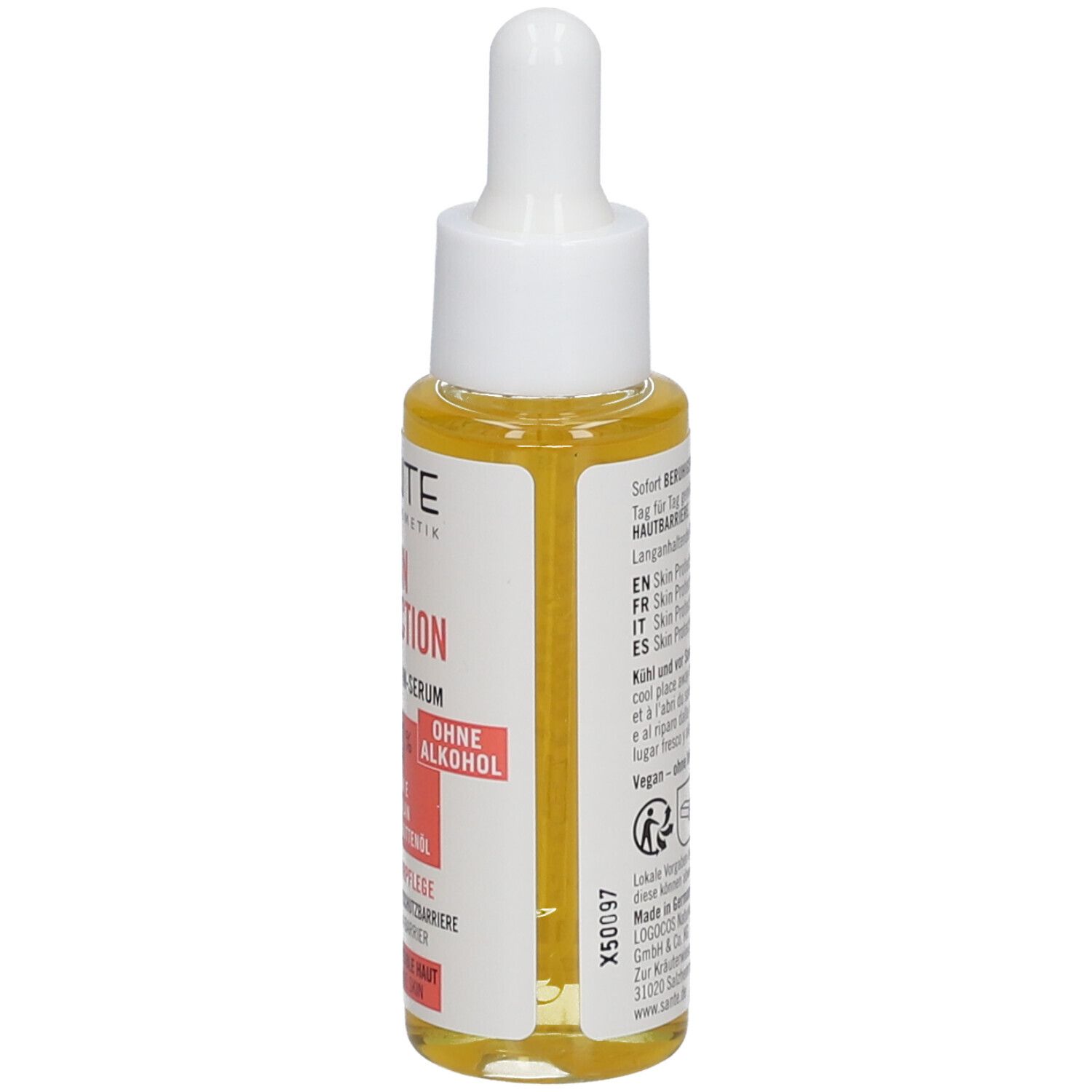 Flacon de sérum avec pipette. Inscription : SKIN PROTECTION, 4,1%, sans alcool. Dos avec texte.