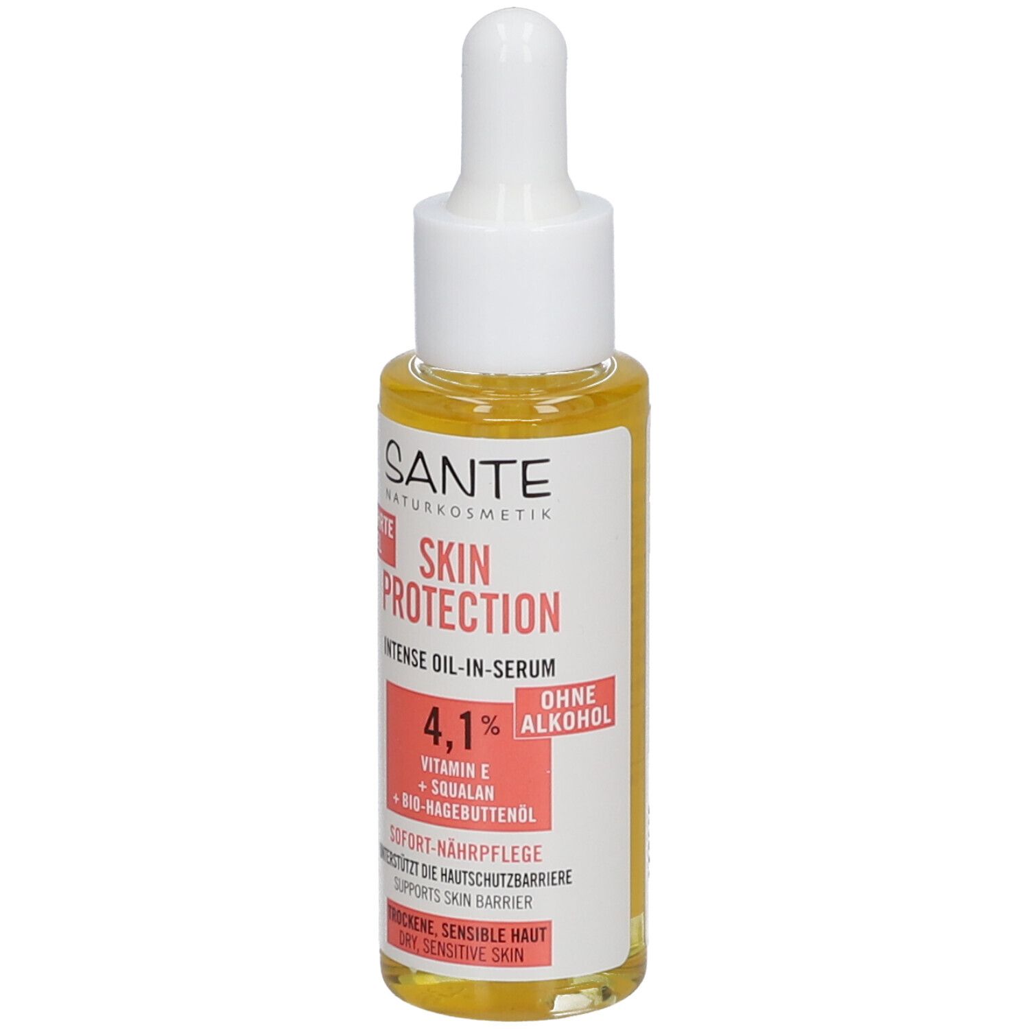 Flacon de sérum avec pipette. Inscription : SKIN PROTECTION, 4,1%, sans alcool. Pour peaux sèches et sensibles.