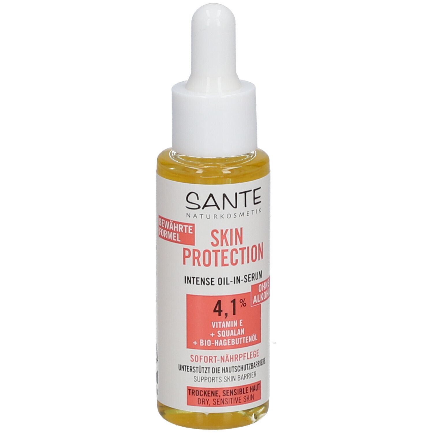 Flacon de sérum avec pipette. Inscription : SKIN PROTECTION, 4,1%, sans alcool. Pour peaux sèches et sensibles.