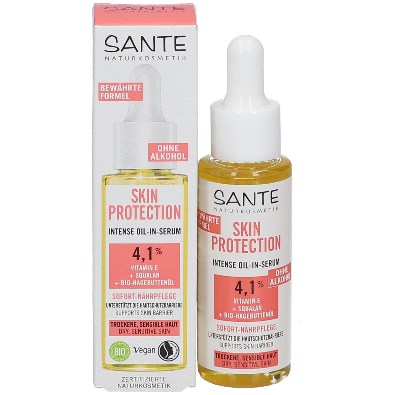 Flacon de sérum avec pipette et emballage. Inscription : SKIN PROTECTION, 4,1%, sans alcool. Pour peaux sèches et sensibles.