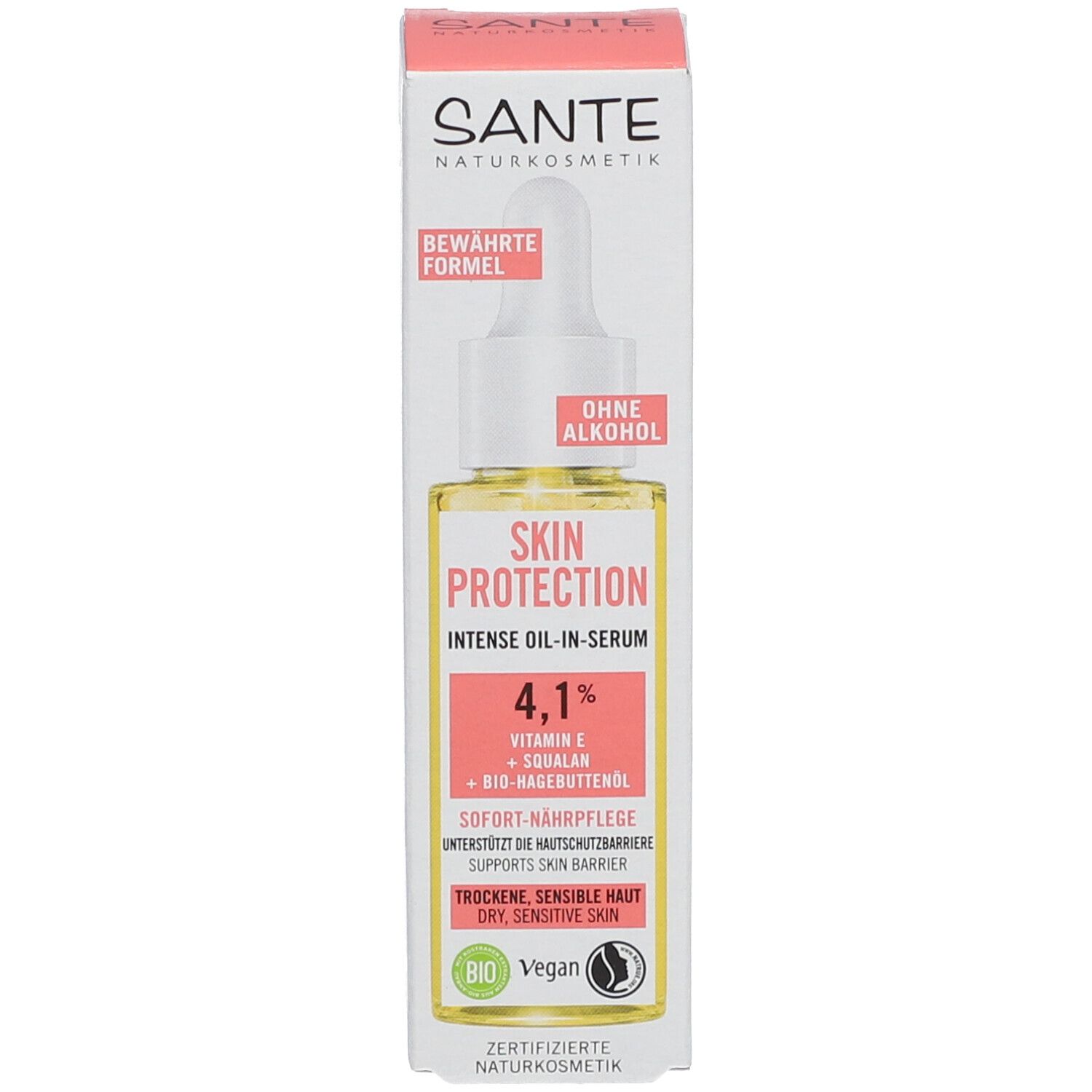 Flacon de sérum avec pipette et emballage. Inscription : SKIN PROTECTION, 4,1%, sans alcool. Pour peaux sèches et sensibles.