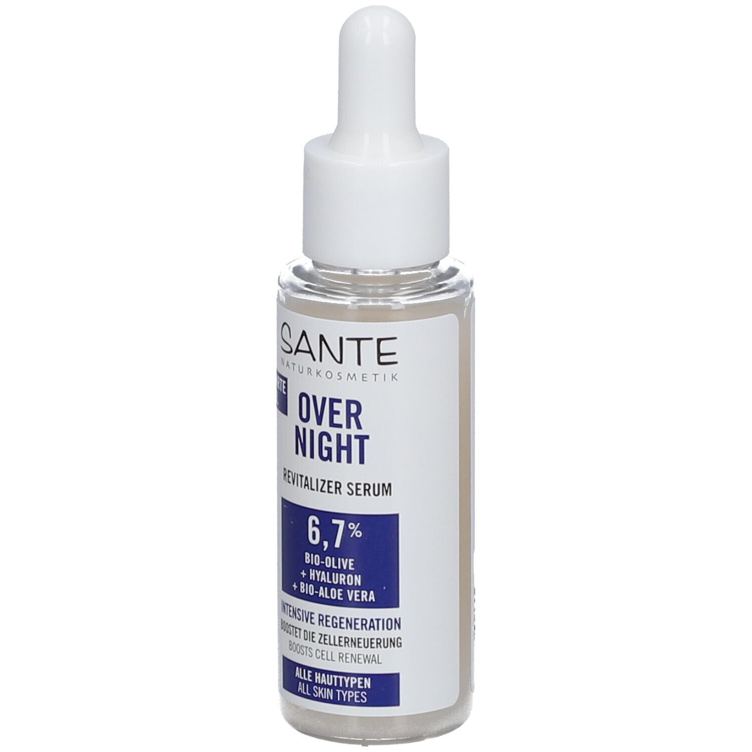 Flacon de sérum avec pipette. Inscription: SANTE, OVER NIGHT, Revitalizer Serum, 6,7%, Bio-Olive + Hyaluron + Bio-Aloe Vera. Pour tous types de peau.
