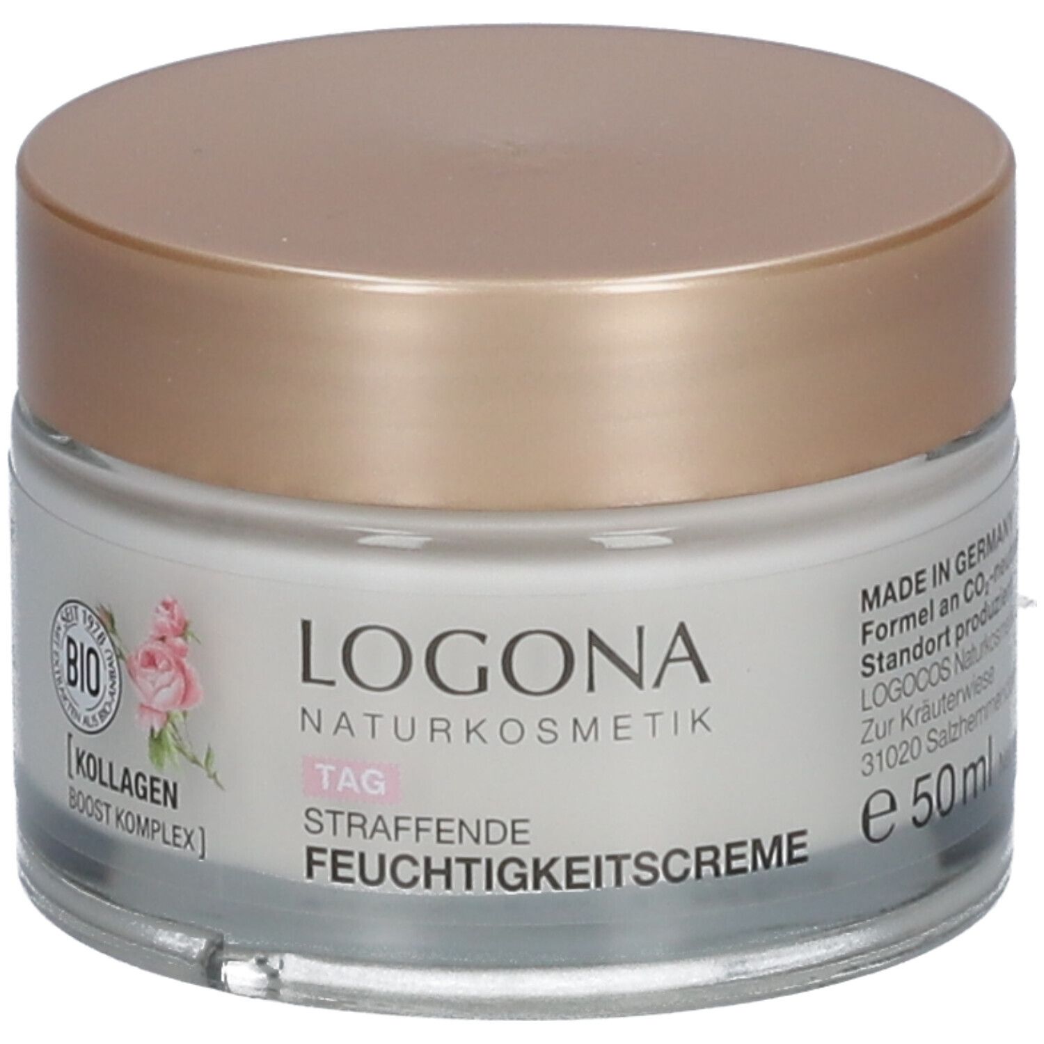 Crèmetiegel met goudkleurig deksel. Opschrift: LOGONA Naturkosmetik, Tag, Straffende Feuchtigkeitscreme. Bio-keurmerk.