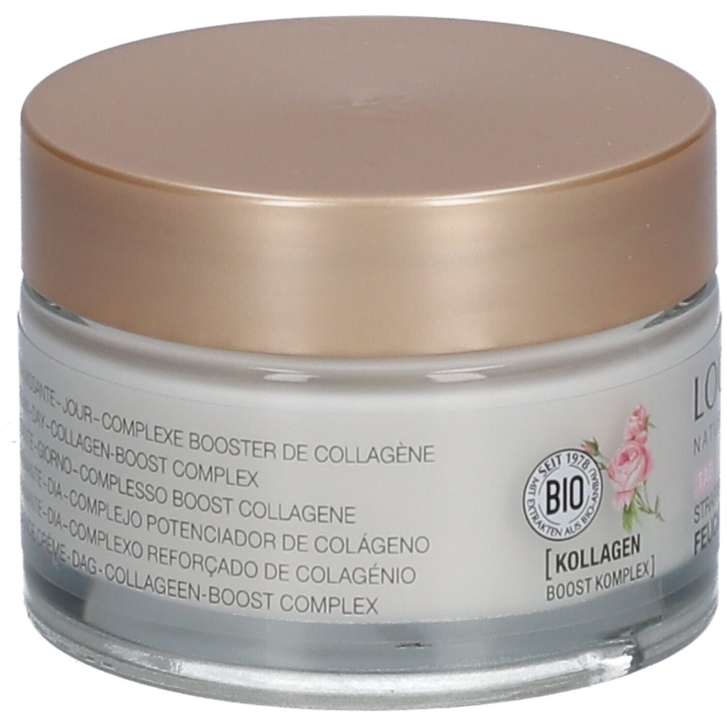 Crèmetiegel met goudkleurig deksel. Opschrift: LOGONA Naturkosmetik, bio-keurmerk, [Kollagen Boost Komplex].