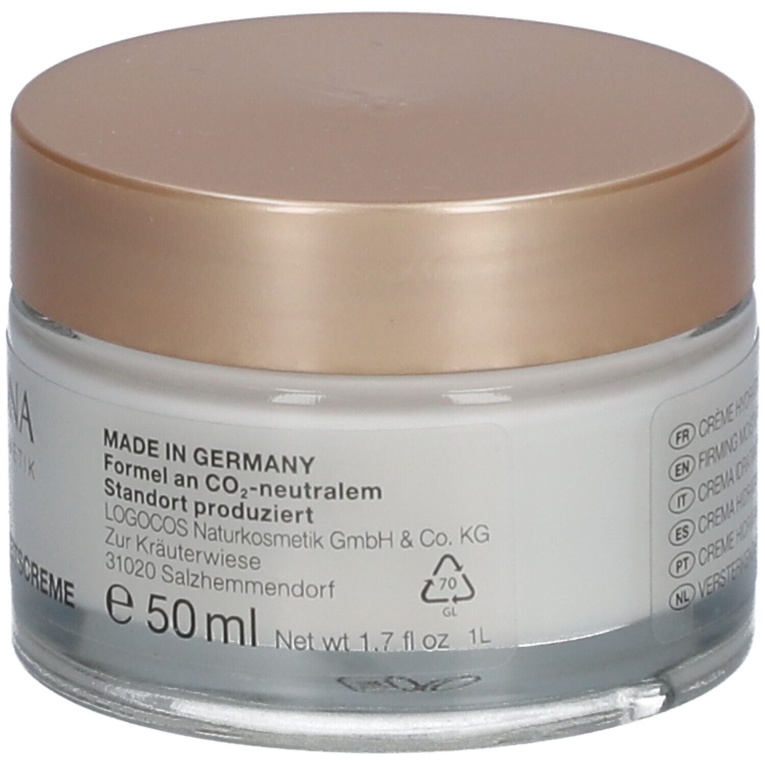 Crèmetiegel met goudkleurig deksel. Opschrift: LOGONA, Feuchtigkeitscreme, 50 ml. Made in Germany. CO2-neutraal.
