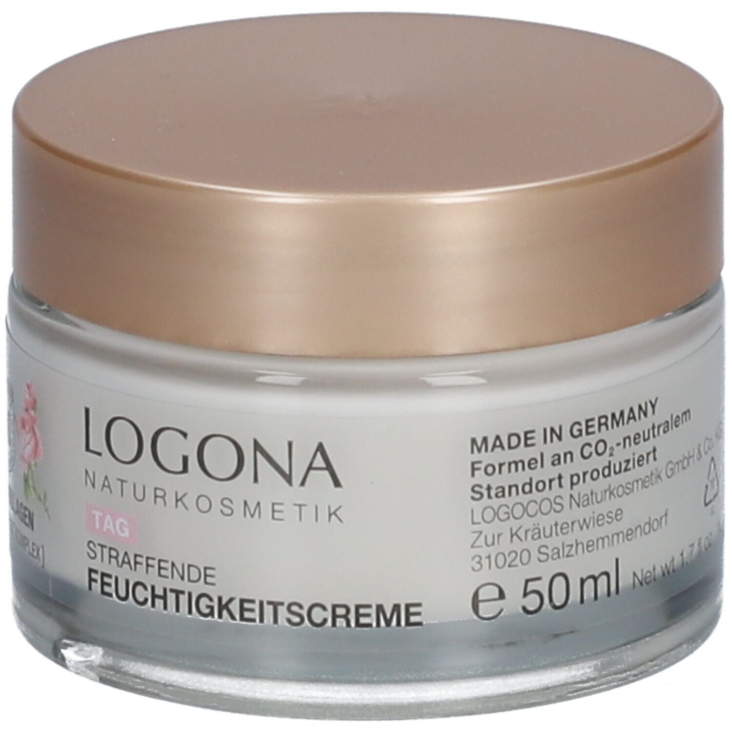 Crèmetiegel met goudkleurig deksel. Opschrift: LOGONA, Tag, Straffende Feuchtigkeitscreme, 50 ml. Bio-keurmerk.