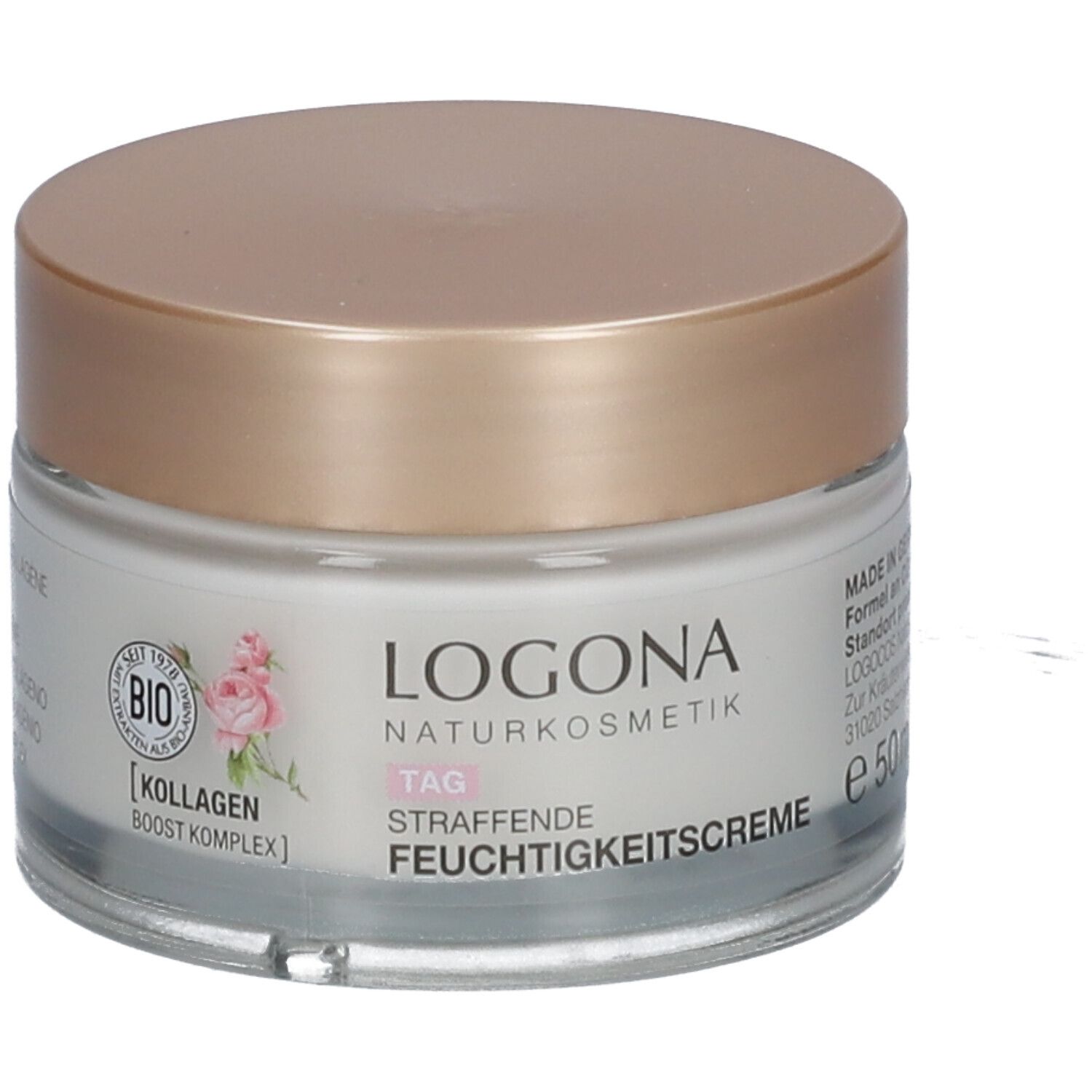 Crèmetiegel met goudkleurig deksel. Opschrift: LOGONA, Tag, Straffende Feuchtigkeitscreme, 50 ml. Bio-keurmerk.