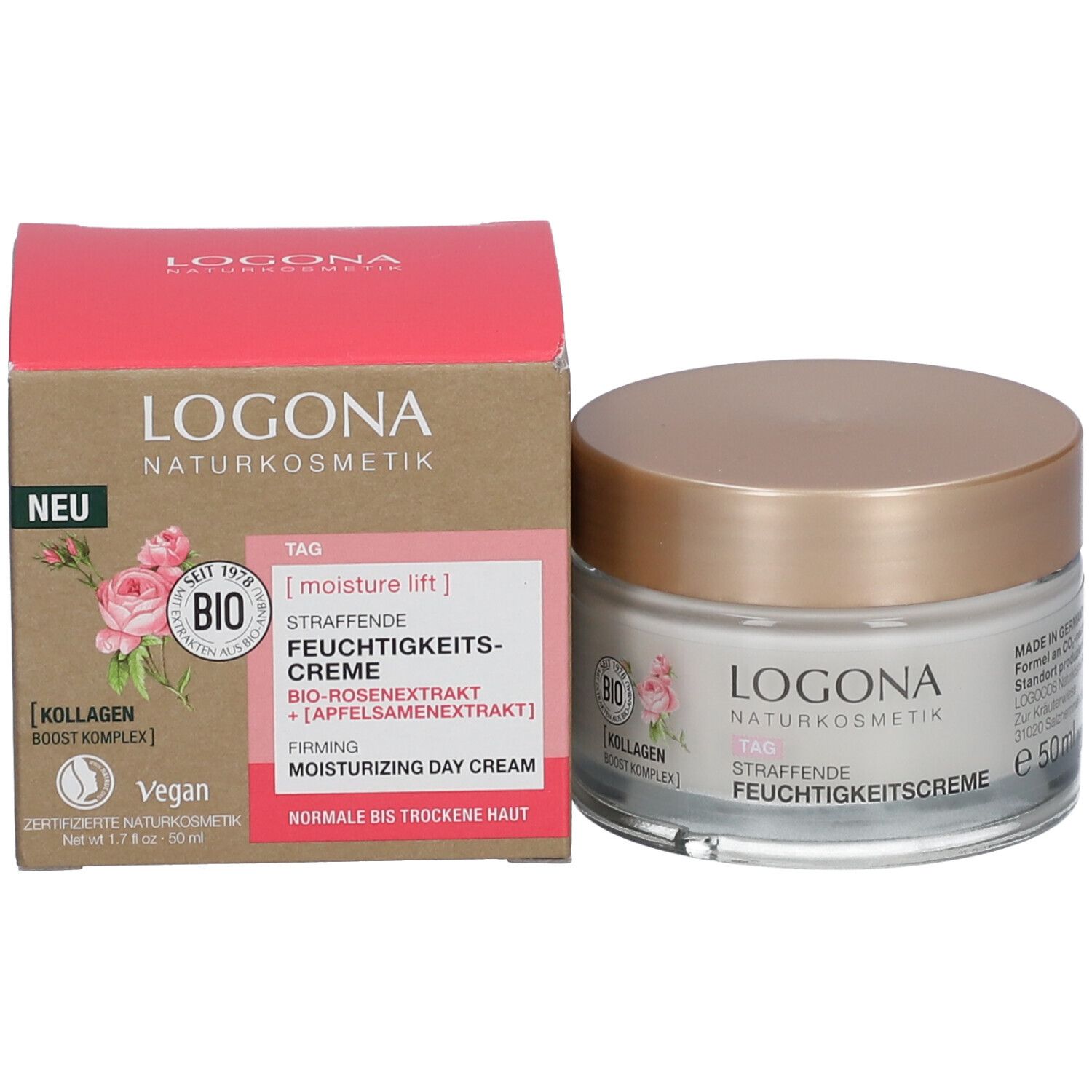 Crèmetiegel en verpakking. Opschrift: LOGONA, Tag, Straffende Feuchtigkeitscreme. Bio-keurmerk. Vegan. Nieuw.