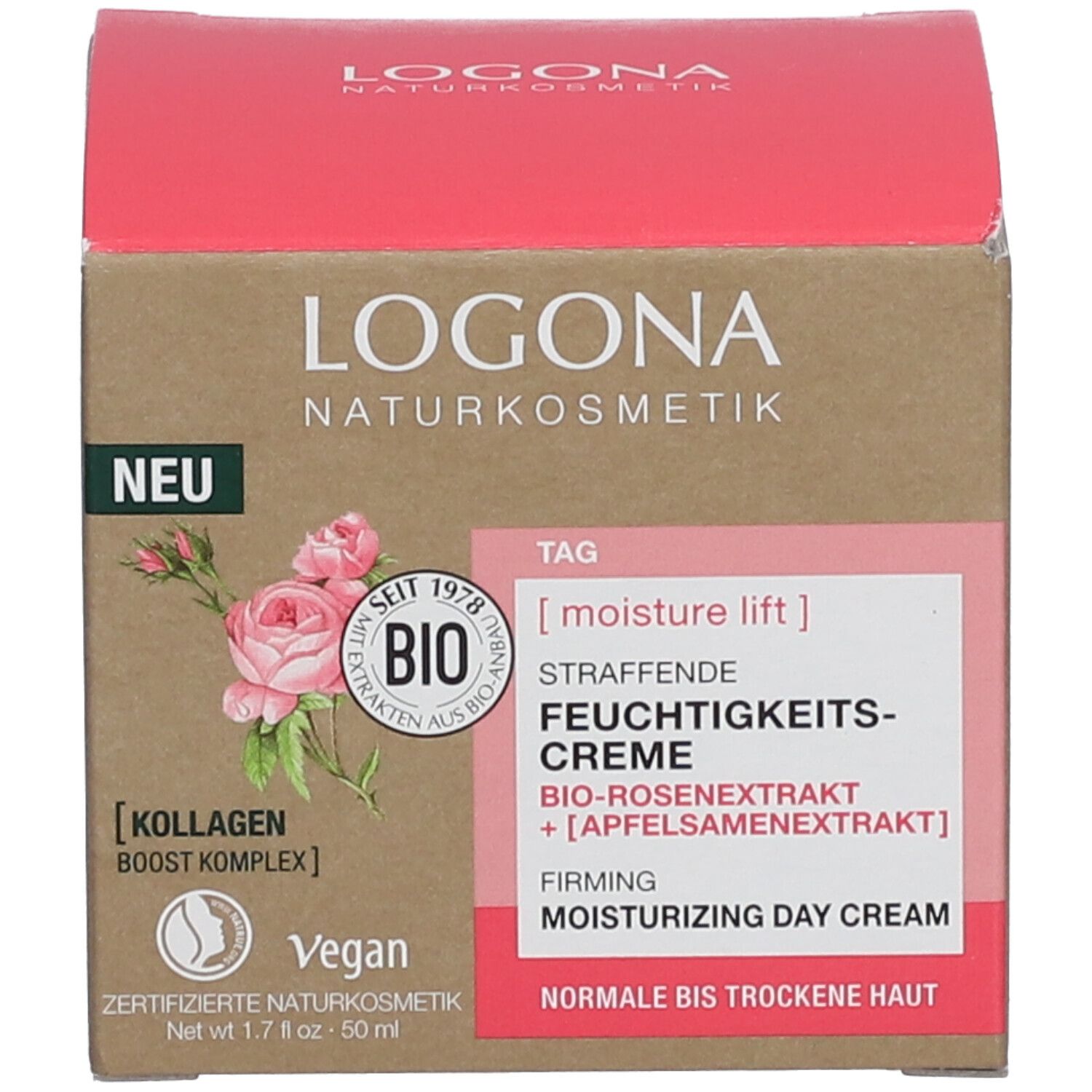 Verpakking met opschrift: LOGONA, Tag, Straffende Feuchtigkeitscreme. Bio-keurmerk. Vegan. Nieuw.