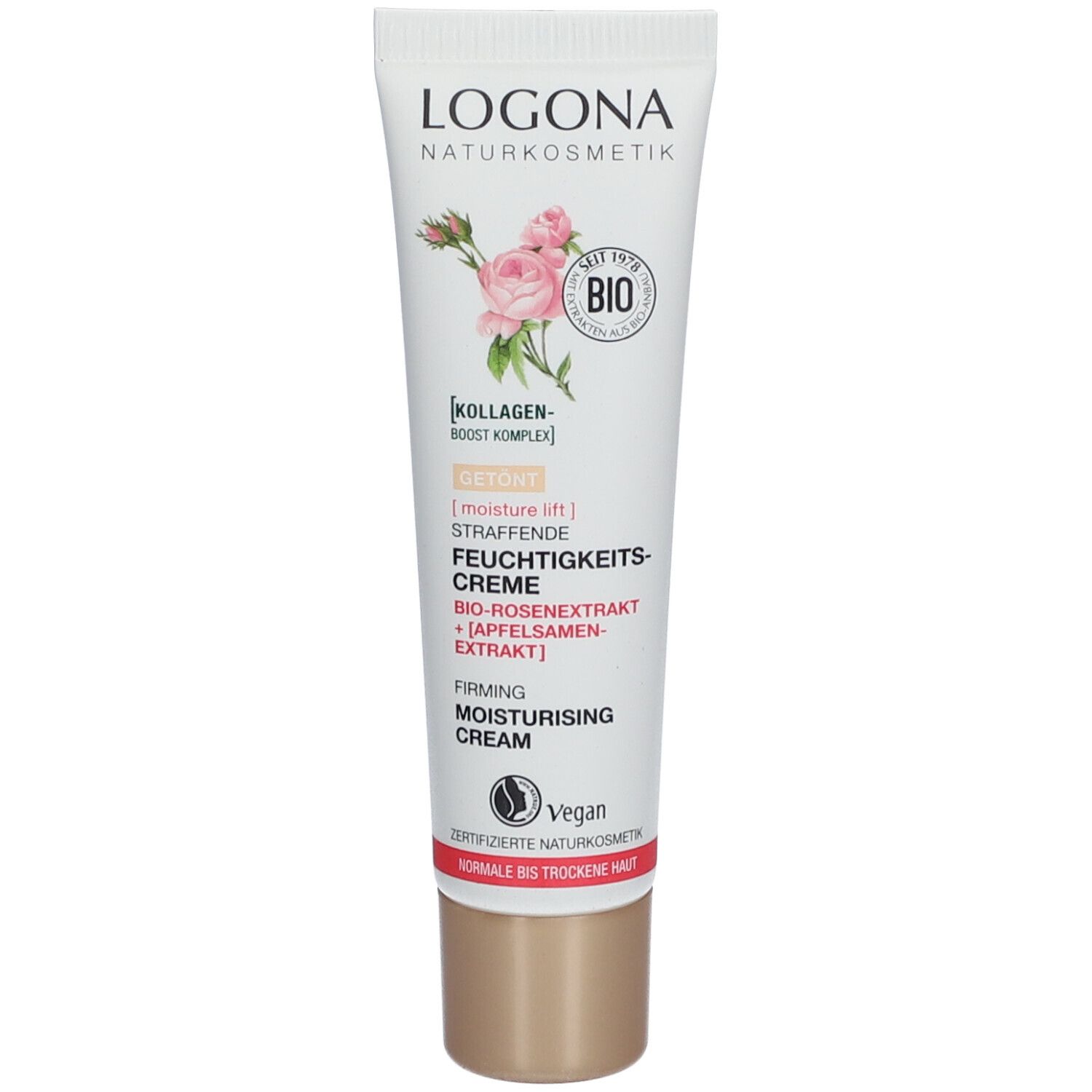 Tube de crème LOGONA avec illustration de rose et texte. Contient de l'extrait de rose bio. Végétalien. Pour peaux normales à sèches.