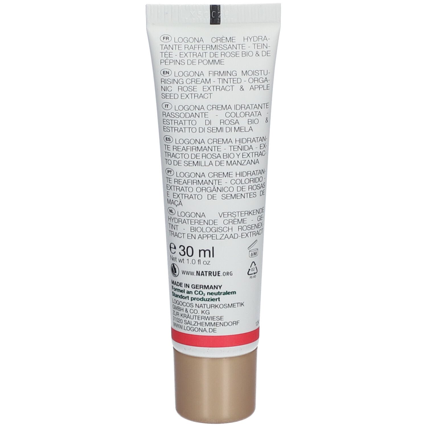 Dos du tube de crème avec texte en plusieurs langues. Contient des informations sur les ingrédients et le fabricant. 30 ml.
