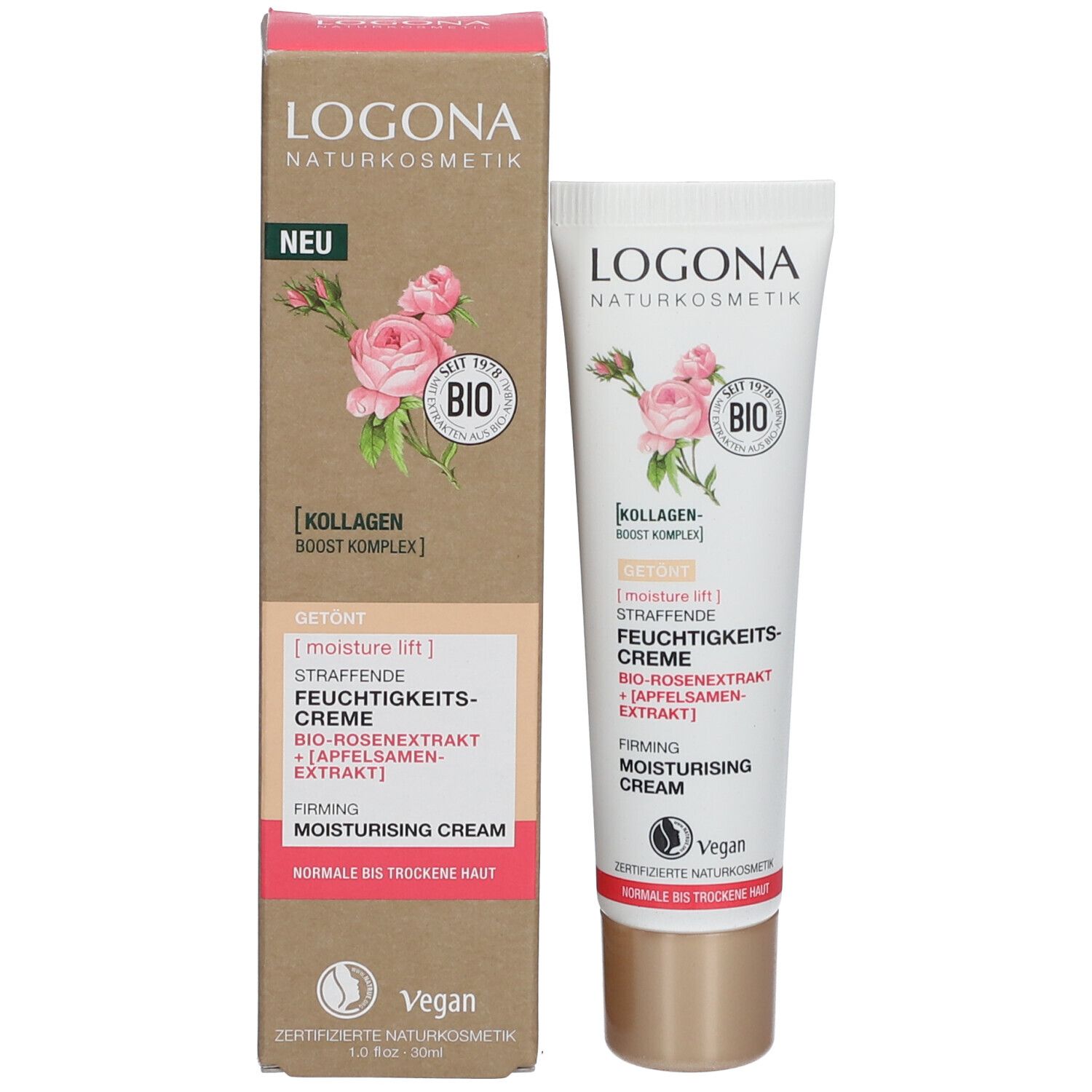 Emballage du produit avec tube de crème. Inscription LOGONA, illustration de rose, texte. Contient de l'extrait de rose bio. Végétalien. 30 ml.