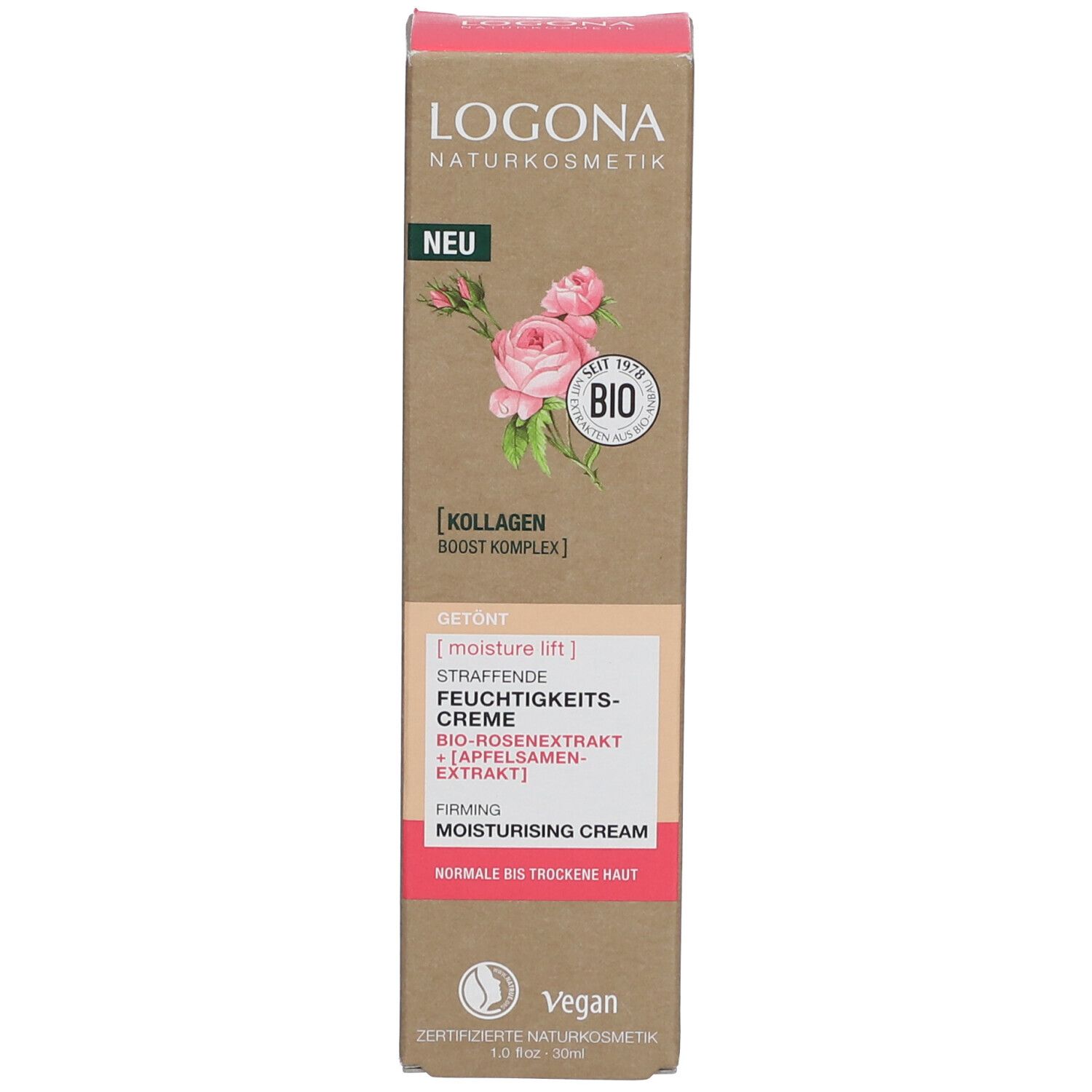 Emballage du produit avec inscription LOGONA, illustration de rose et texte. Contient de l'extrait de rose bio. Végétalien. Pour peaux normales à sèches.