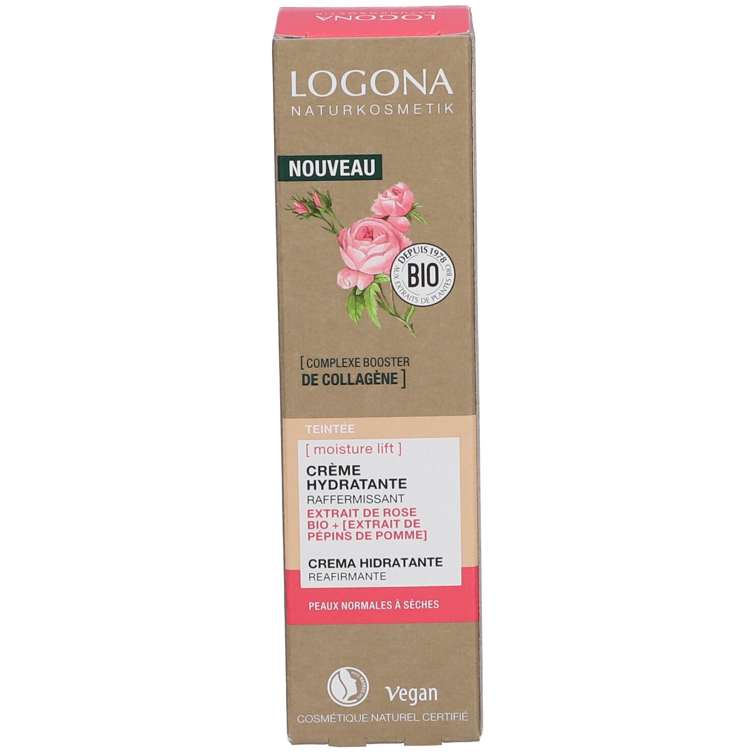 Emballage du produit avec inscription LOGONA, illustration de rose et texte. Contient de l'extrait de rose bio. Végétalien. Pour peaux normales à sèches.