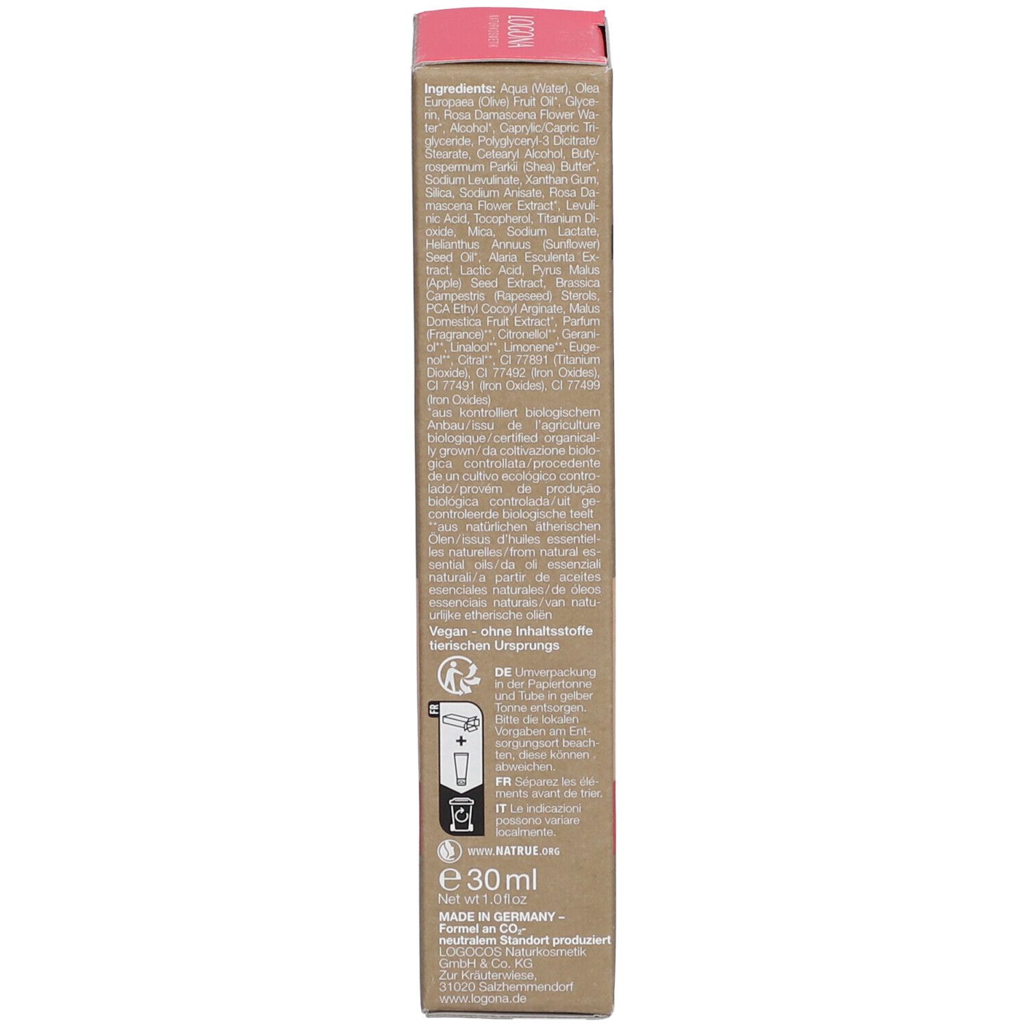 Dos de l'emballage du produit avec texte. Contient des informations sur les ingrédients, le fabricant et les certifications. 30 ml.