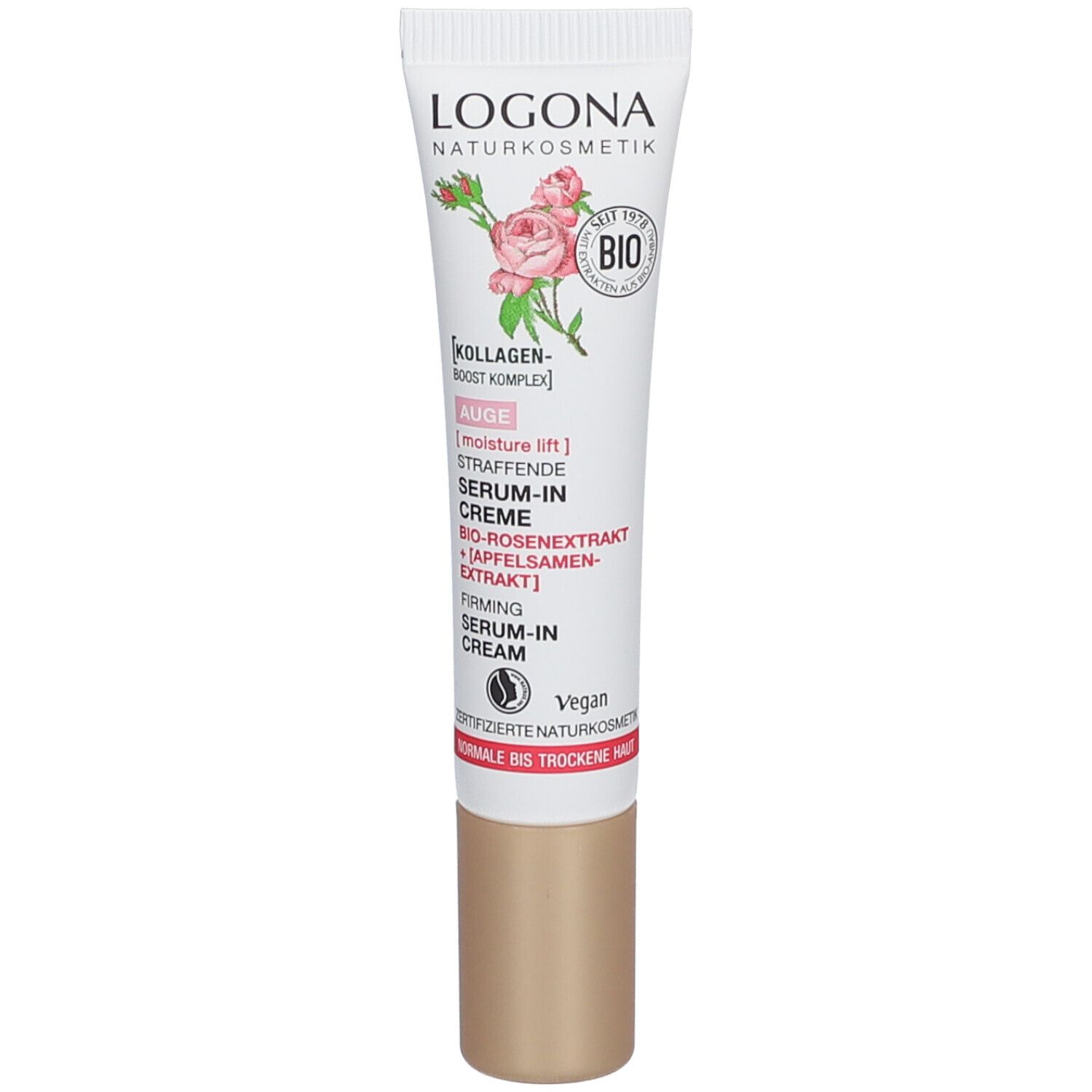 Crèmetube met LOGONA-opschrift, rozenillustratie en BIO-zegel. Productnaam: Serum-in-crème Ogen. Gouden dop.