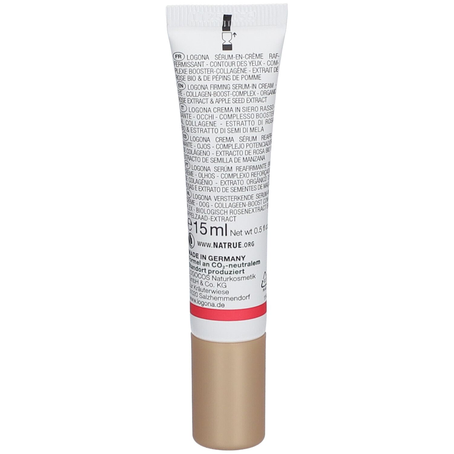 Achterkant van de crèmetube met tekst. Bevat informatie over ingrediënten, fabrikant en certificeringen. 15 ml.