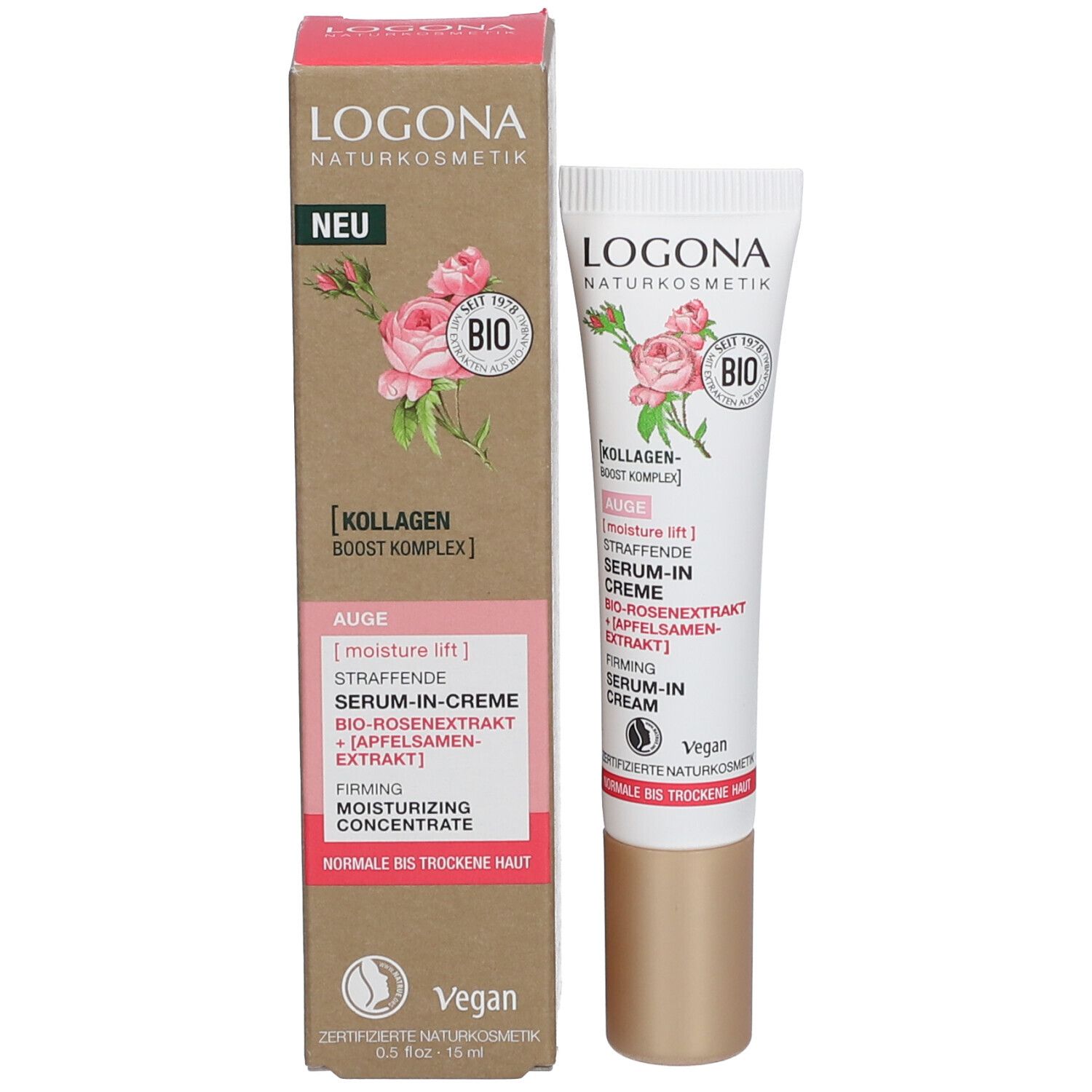 Product en verpakking. Tube en doos met LOGONA-logo, roos en BIO-zegel. Productnaam: Serum-in-crème Ogen. Nieuw-label.