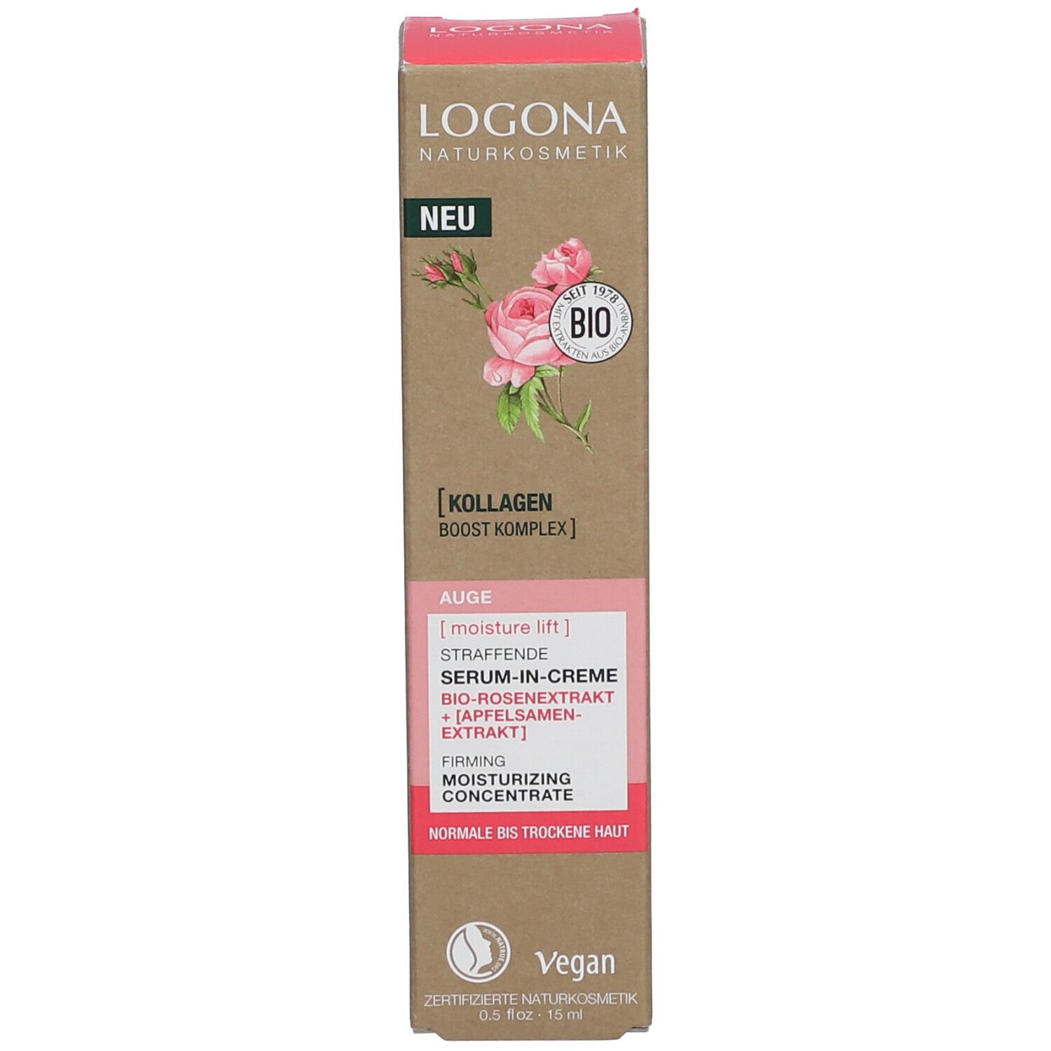 Doos met LOGONA-logo, roos en BIO-zegel. Productnaam: Serum-in-crème Ogen. Nieuw-label. Vegan-zegel.