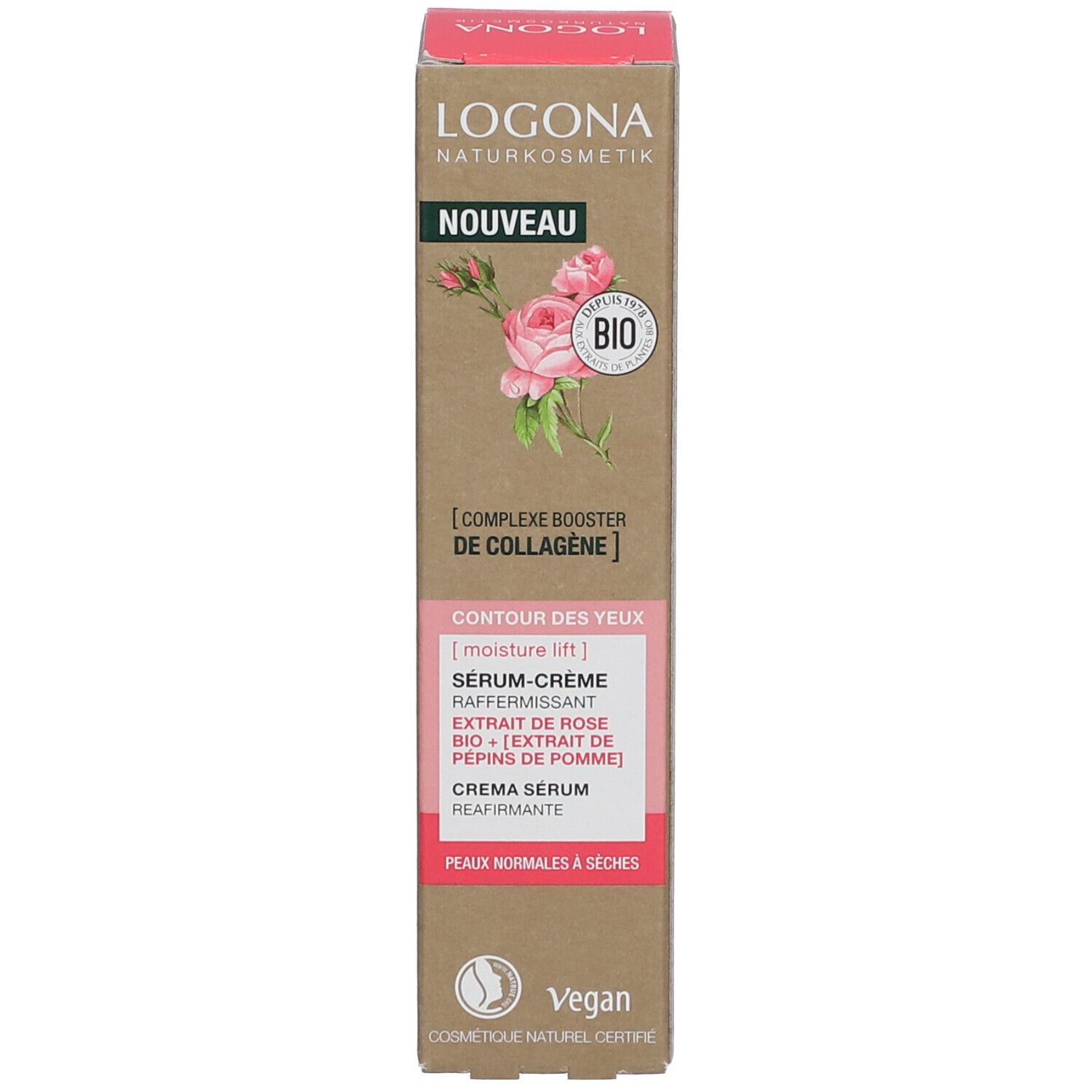 Verpakking met LOGONA-logo, roos en BIO-zegel. Productnaam: Serum-in-crème voor de ogen. Nieuw-label. Vegan-zegel.