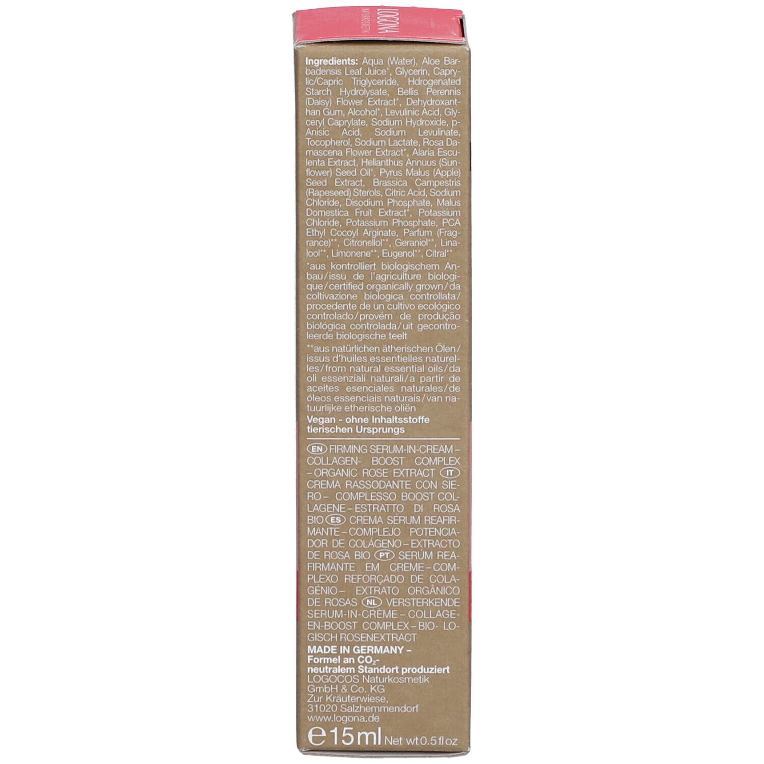Achterkant van de verpakking met tekst. Bevat informatie over ingrediënten, fabrikant en certificeringen. 15 ml.