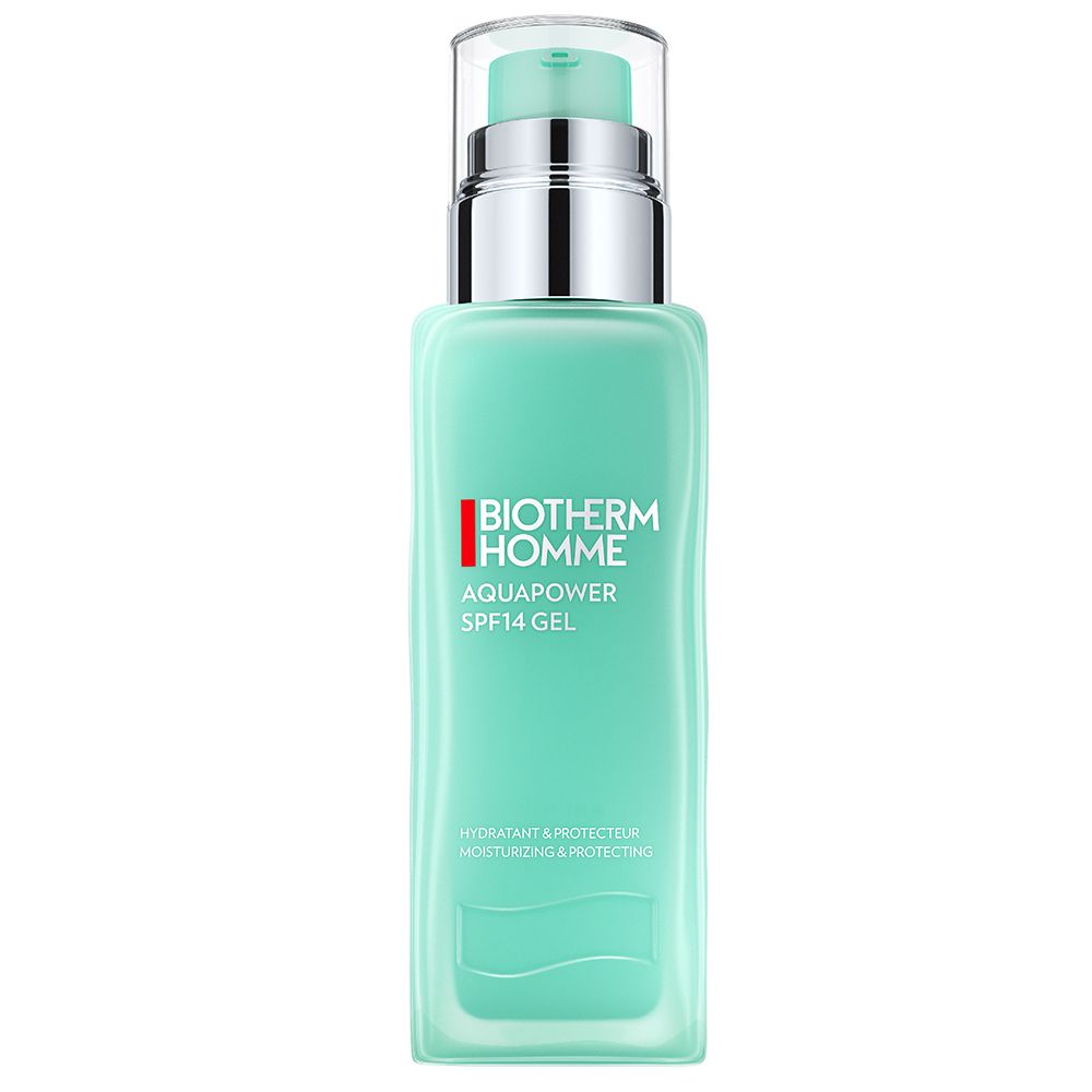 Flacon de gel BIOTHERM Homme Aquapower SPF14. Flacon turquoise avec pompe argentée. Nom du produit et SPF14 visibles.