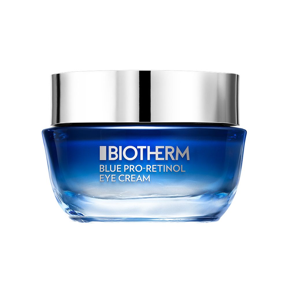 Pot bleu avec couvercle argenté. BIOTHERM Blue Pro-Retinol EYE CREAM. Inscription: EYE CREAM.