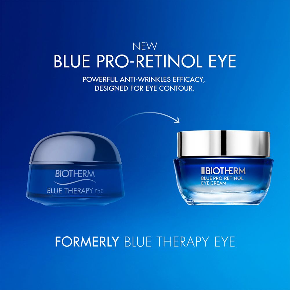 Deux pots bleus. Texte: NEW BLUE PRO-RETINOL EYE. Avant: BLUE THERAPY EYE. Flèche.