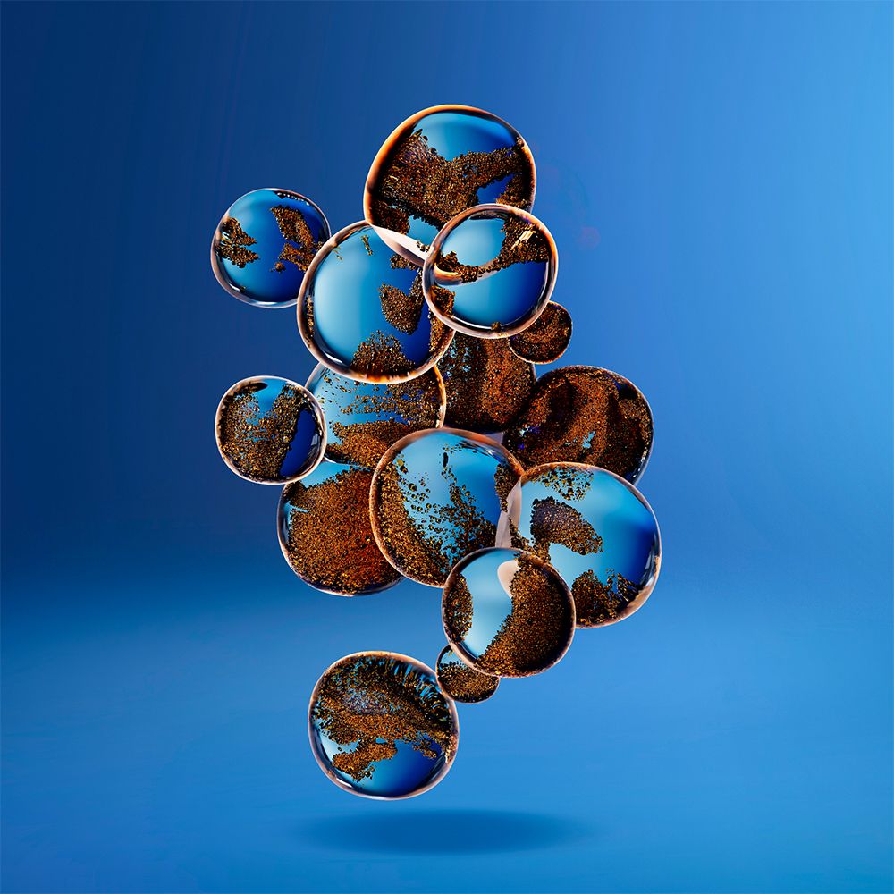 Formes rondes bleues avec éléments bruns. Sur fond bleu.