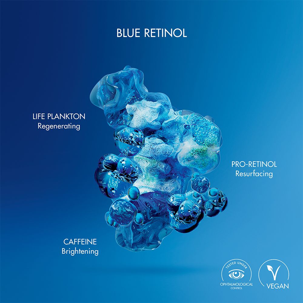 Formes bleues transparentes. Texte: BLUE RETINOL, LIFE PLANKTON, PRO-RETINOL, CAFFEINE. Vegan.