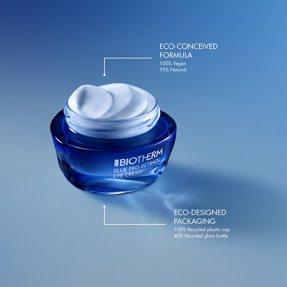 Pot bleu avec crème. Texte: BIOTHERM BLUE PRO-RETINOL EYE CREAM. Formule éco, emballage.